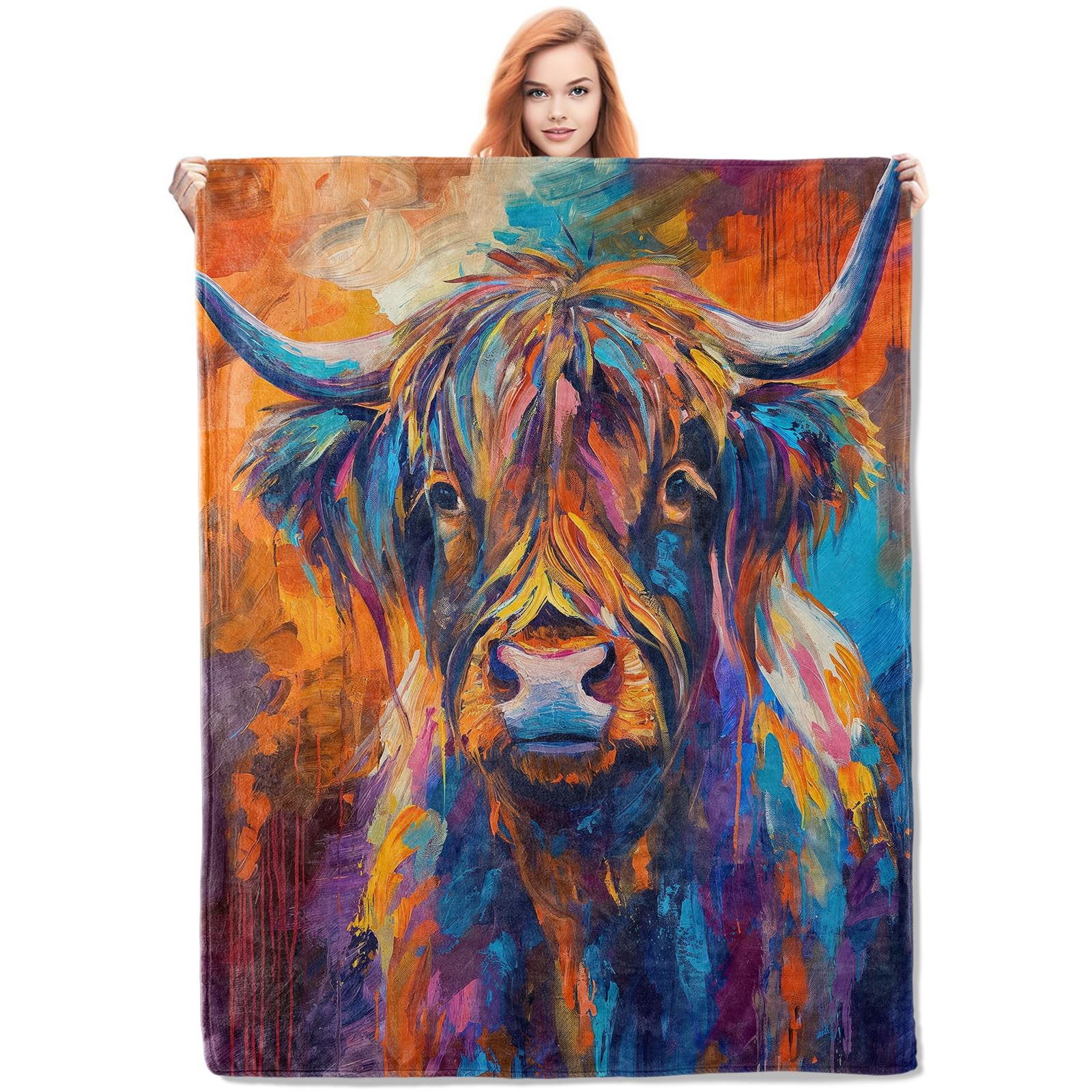 VANZEVColorful Highland Cow Throw Blanket Gifts, Soft Cozy Fleece Blanket with Vibrant Bull Print, Blanket for Couch Bed Sofa, Perfect for Western Decor and Animal Lovers, 50x60 in