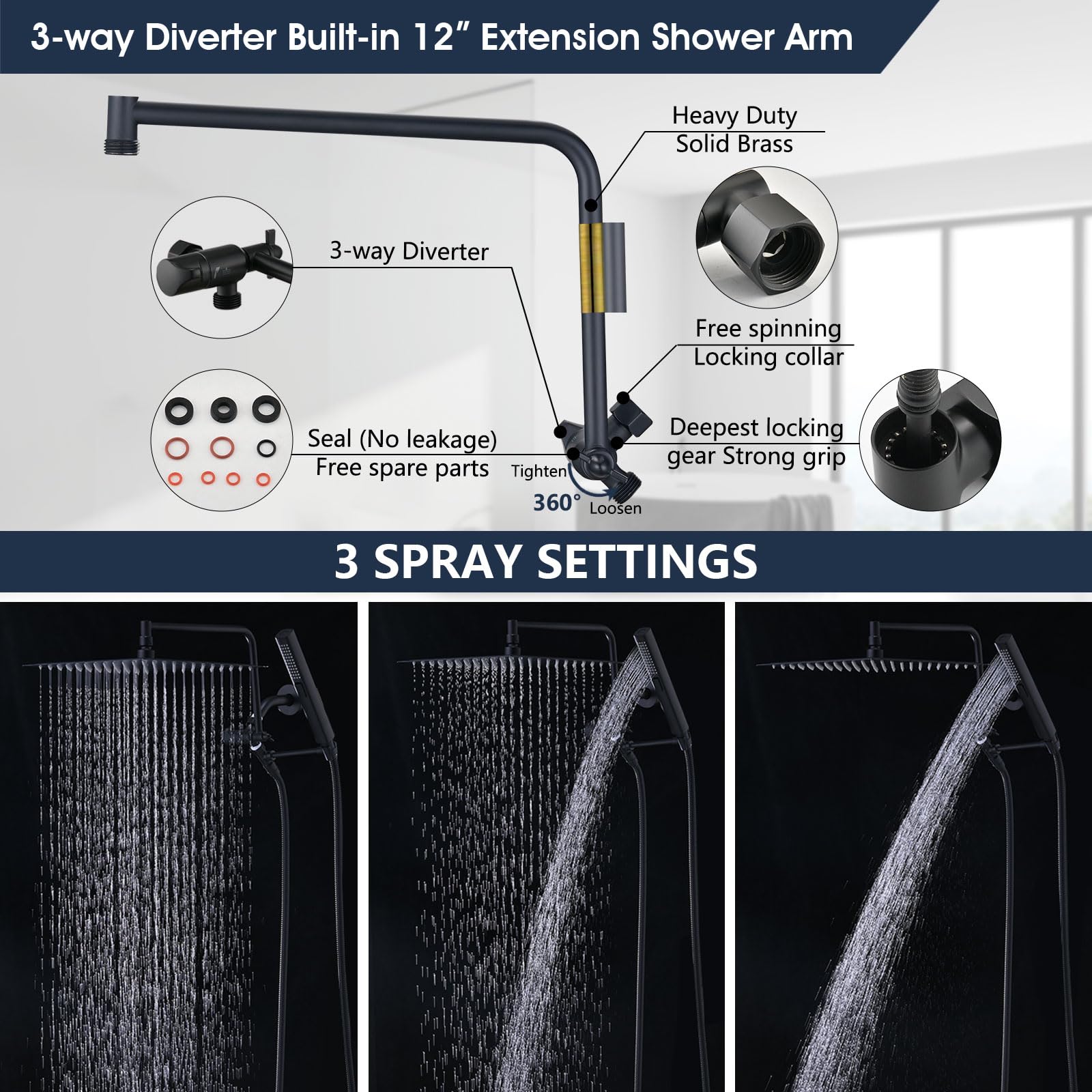 PDPBath Alcachofa de ducha de lluvia de metal de 12 pulgadas con pulverizador de mano, cabezal de ducha de lluvia de alta presión con brazo de extensión ajustable en forma de Z, manguera extra larga