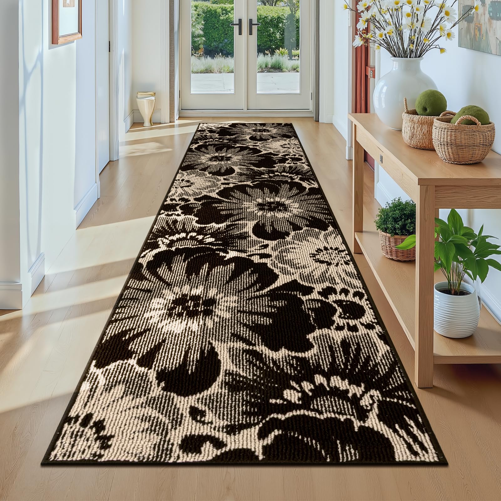 Tapis de Couloir 60 x 240 cm Long Moderne Florale Antidérapant Tapis Cuisine Devant Evier Lavable Hall d'Entree Interieur pour Couloir, Cuisine, Buanderie, Beige et Ivoire