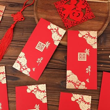 10pcs Wedding Red Envelopes, Traditional Chinese Double Happiness Hongbao Wedding Hong Bao Love Lucky Money Packets Chinese Wedding Supplies Card Cash Pocket for Newlyweds Bride Groom (Style 1)