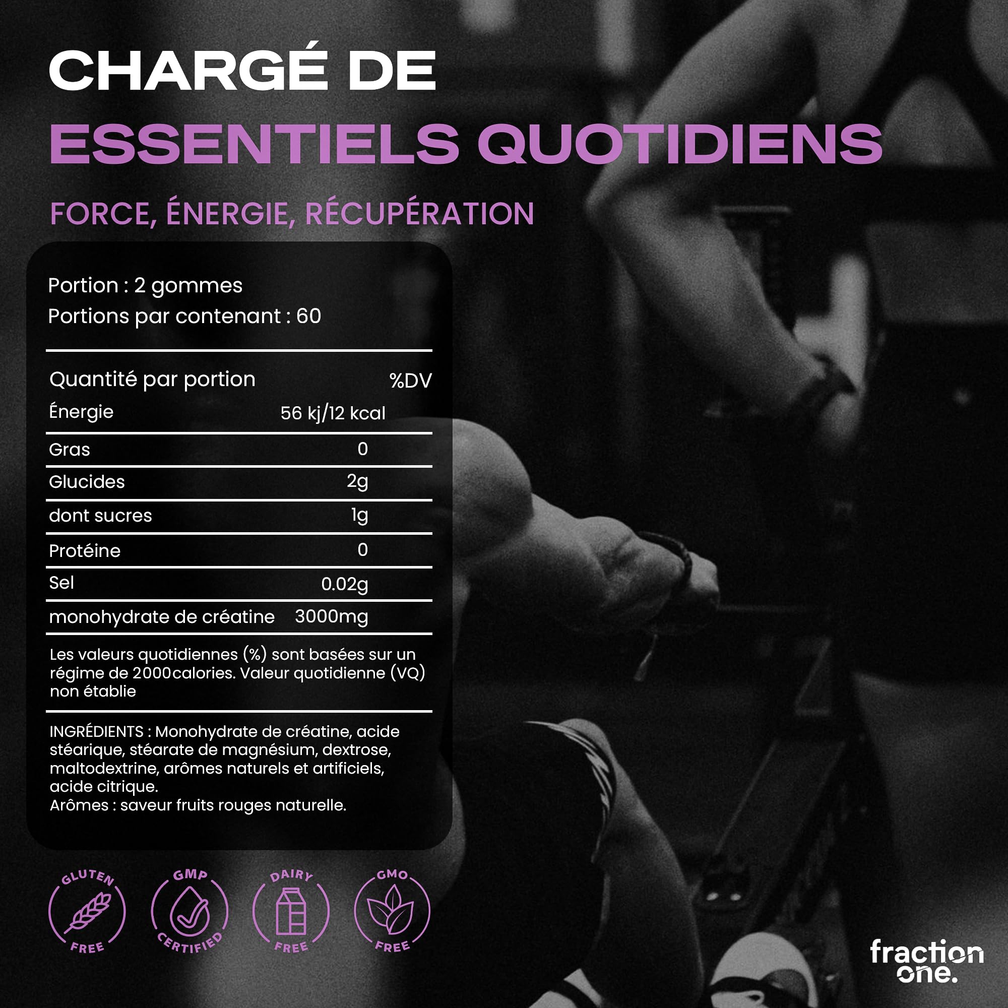 Fraction One Créatine Monohydrate 120 Gummies – Testé en laboratoire par un organisme tiers britannique, 60 jours d'utilisation – 3000 mg par portion, complément pré-entraînement