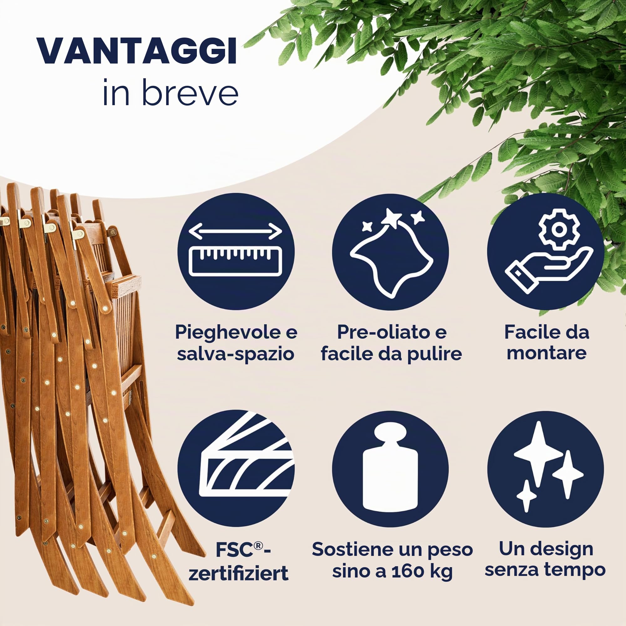 Deuba Sedie da Giardino Set di 4 Sydney pieghevoli in Legno di Acacia con braccioli Certificazione FSC® patio sedie da pranzo terrazza balcone