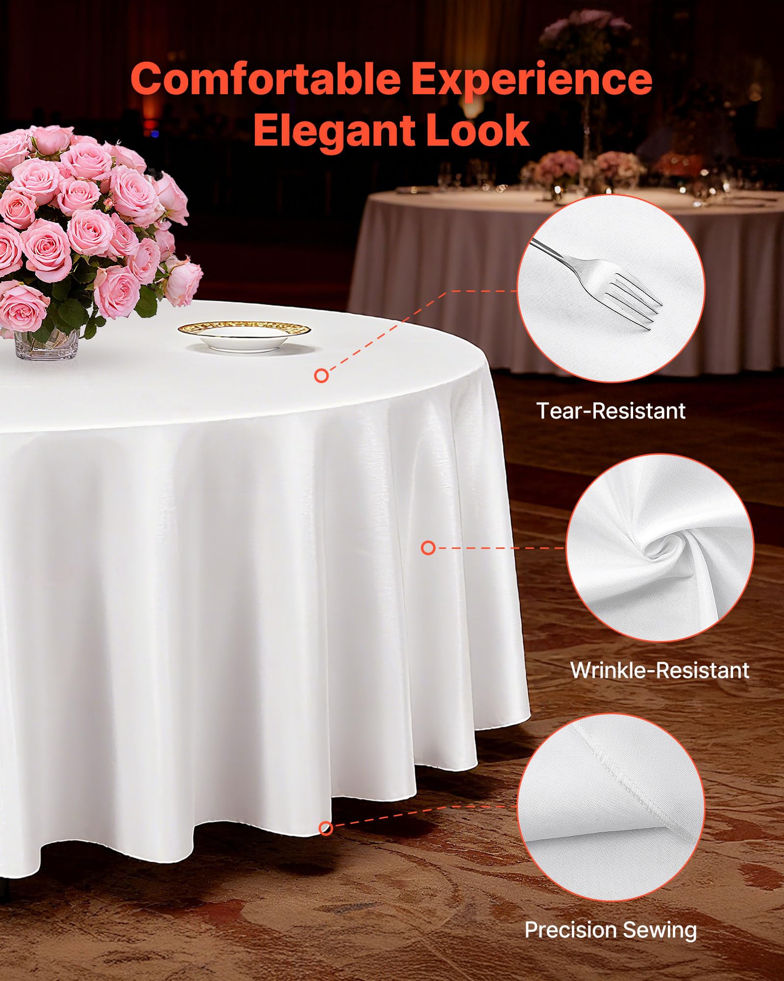 VEVOR Manteles Redondos de 3048 mm, Elegantes y Versátiles, Resistentes a Las Arrugas, Lavables a Máquina, de Poliéster, para Fiestas, Bodas, Banquetes y Eventos Formales, Color Blanco, 10 uds