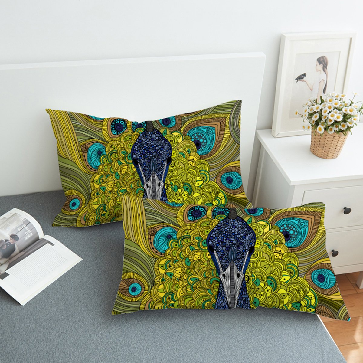 Koongso Boho Mandala Peacock Pillow Cases 2 Pieces Floral Paisley Pattern Printed Pillowcases Indian Hippie Themed Square Bedclothes