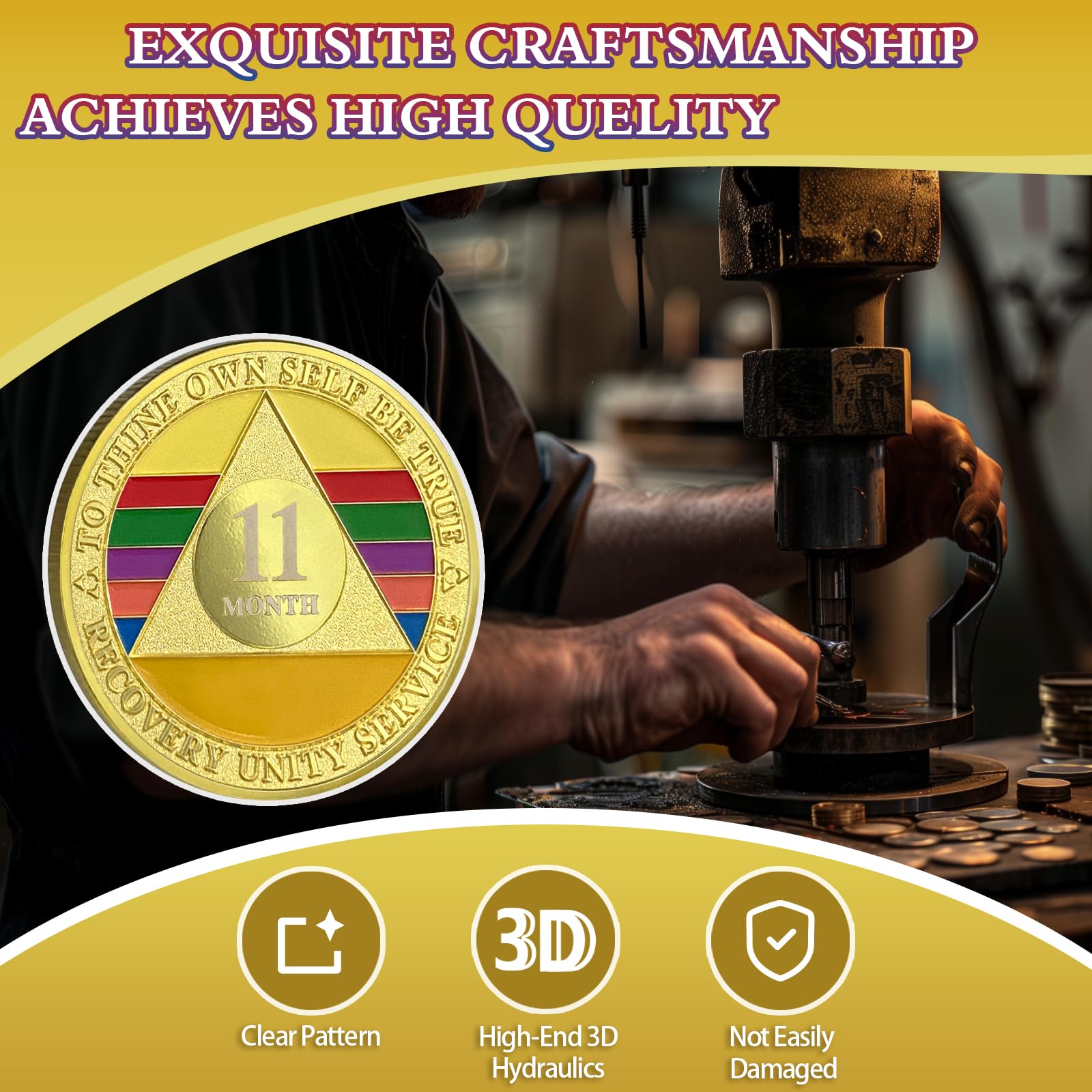 11 Months Sobriety Coin Eleven Month Sober Gold Coin Rainbow Sobriety Chip AA Chips and Medallion Alcoholics Anonymous Coin Recovery Anniversary Token Sobriety Gifts for Women Men - Image 2