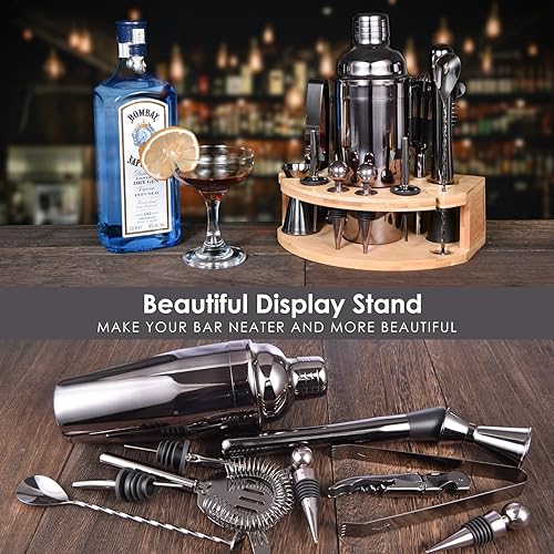 Miniatura 3 de Quilamix Kit de camarero con elegante soporte de bambú, juego de coctelera de 12 piezas de 25 onzas para bebidas mixtas, juego de herramientas