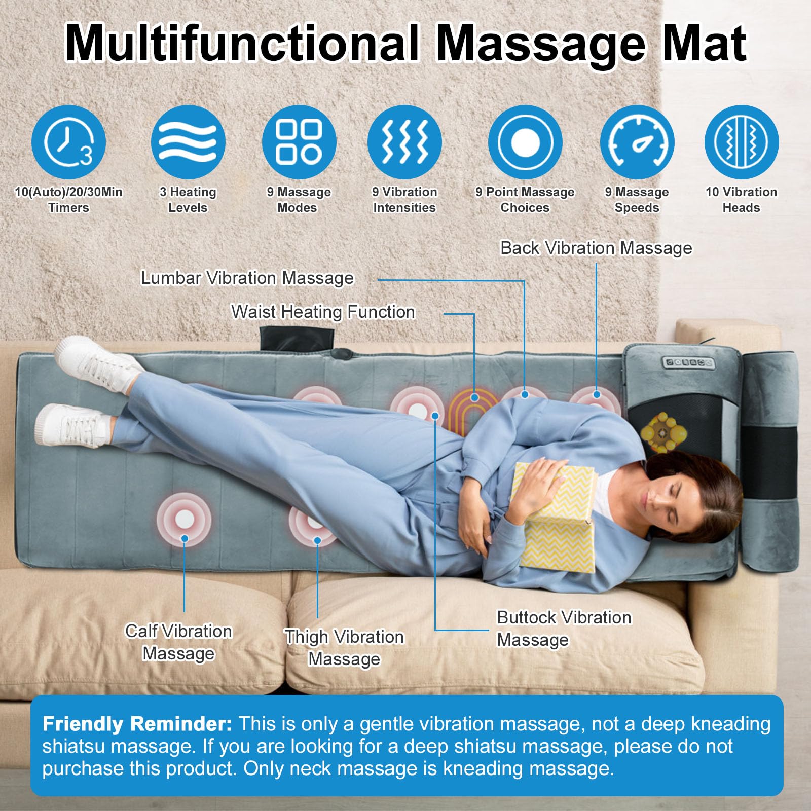 Full Body Massage Mat with Heat,Electric Massage Pad for Neck,Back,Foot&Full Body Pain Relief,10 Vibrating Nodes 3 Heating Levels W/ Detachable Neck,Foot Massager,Head Pillow&Inflatable Lumbar Pillow