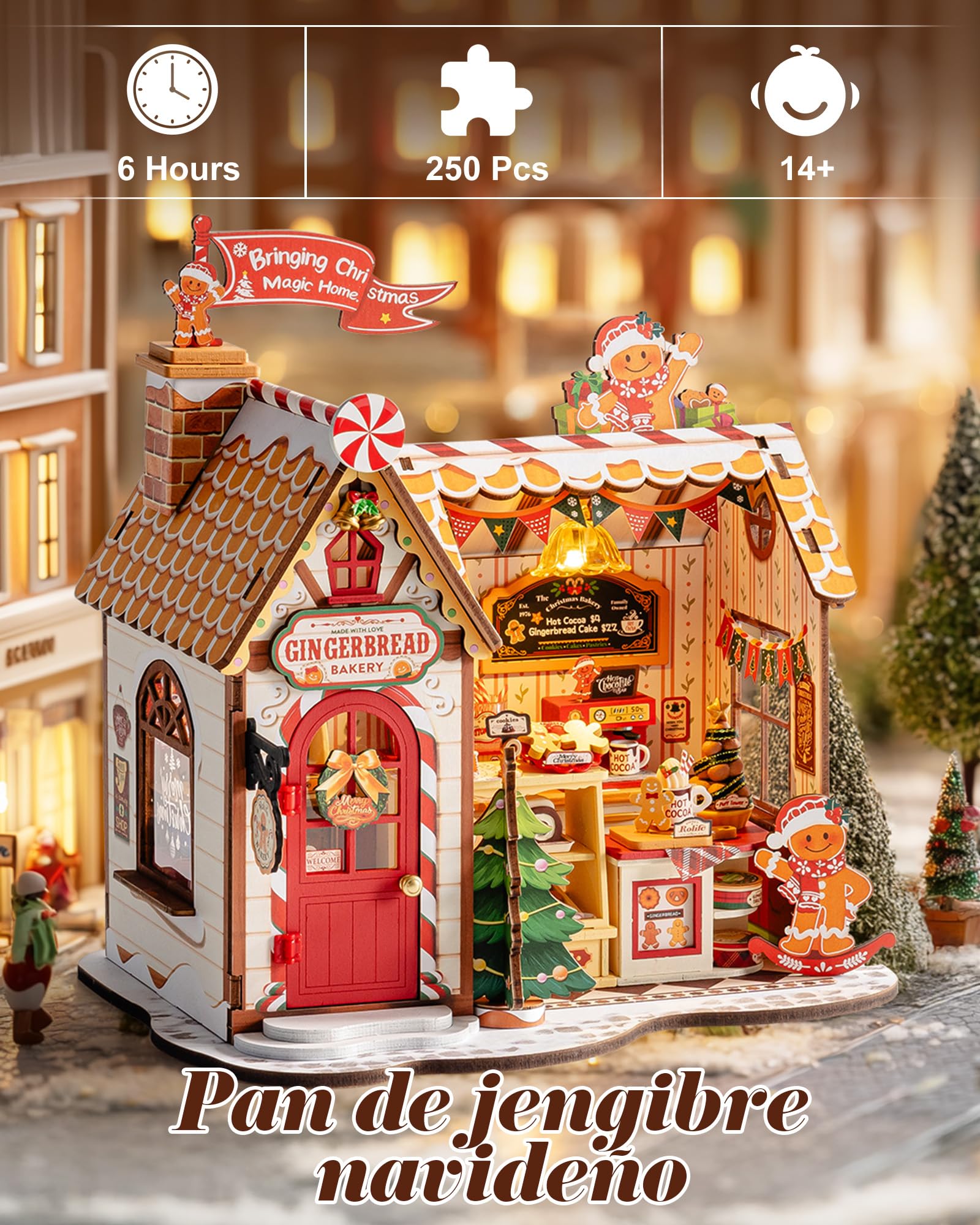 Rolife Maquetas Puesto de Dulces de Navidad-170 Piezas DIY Miniature House Diorama, Casas Miniaturas para Montar Puzzle 3D Madera para Adultos ¡Ningún Pegamento Necesario Adornos de Navidad