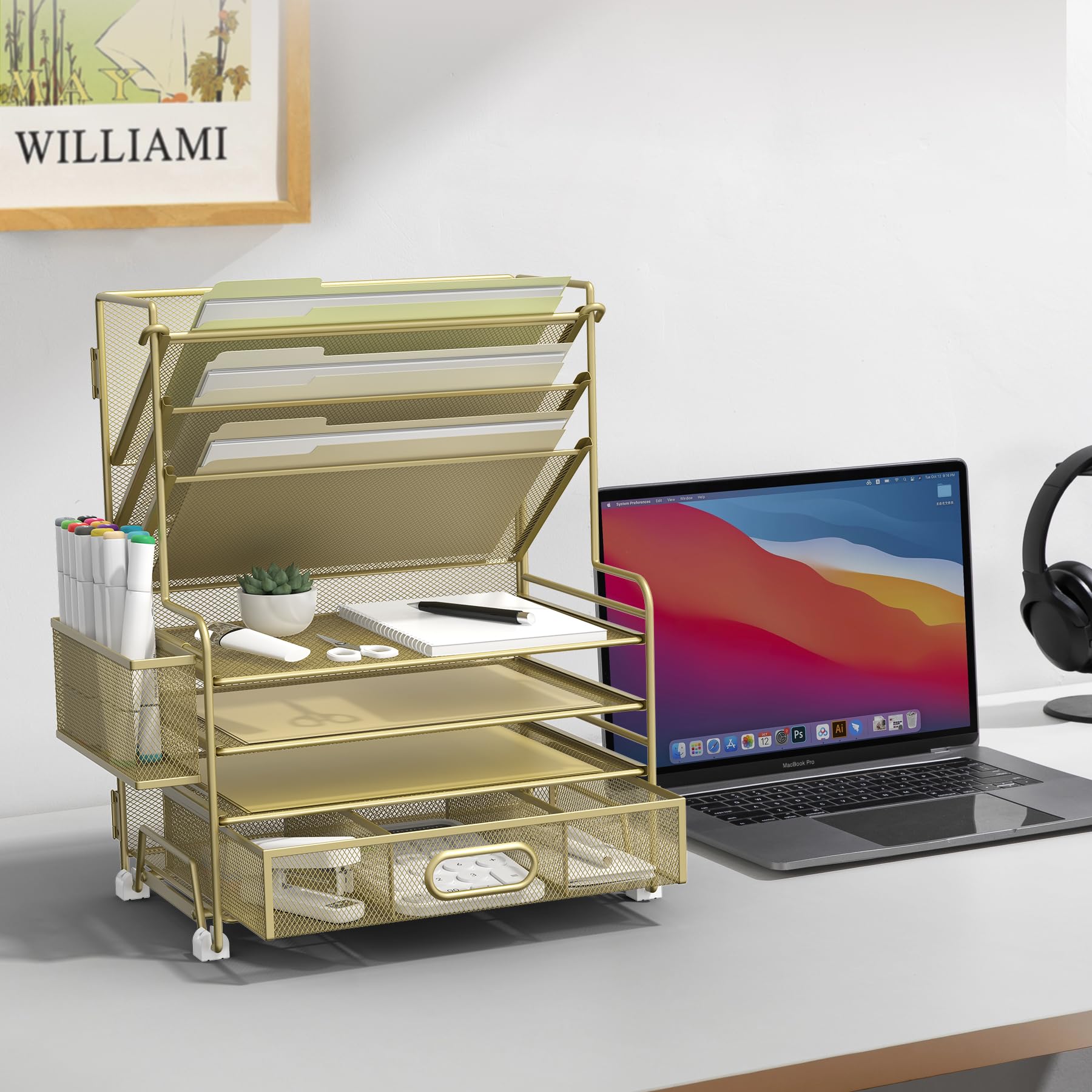 MINDEPOT Organizer per carta a 4 livelli + 3 tasche portadocumenti + cassetto + portapenne, organizer per documenti da scrivania per forniture per ufficio, scuola, organizzazione in classe (oro, con