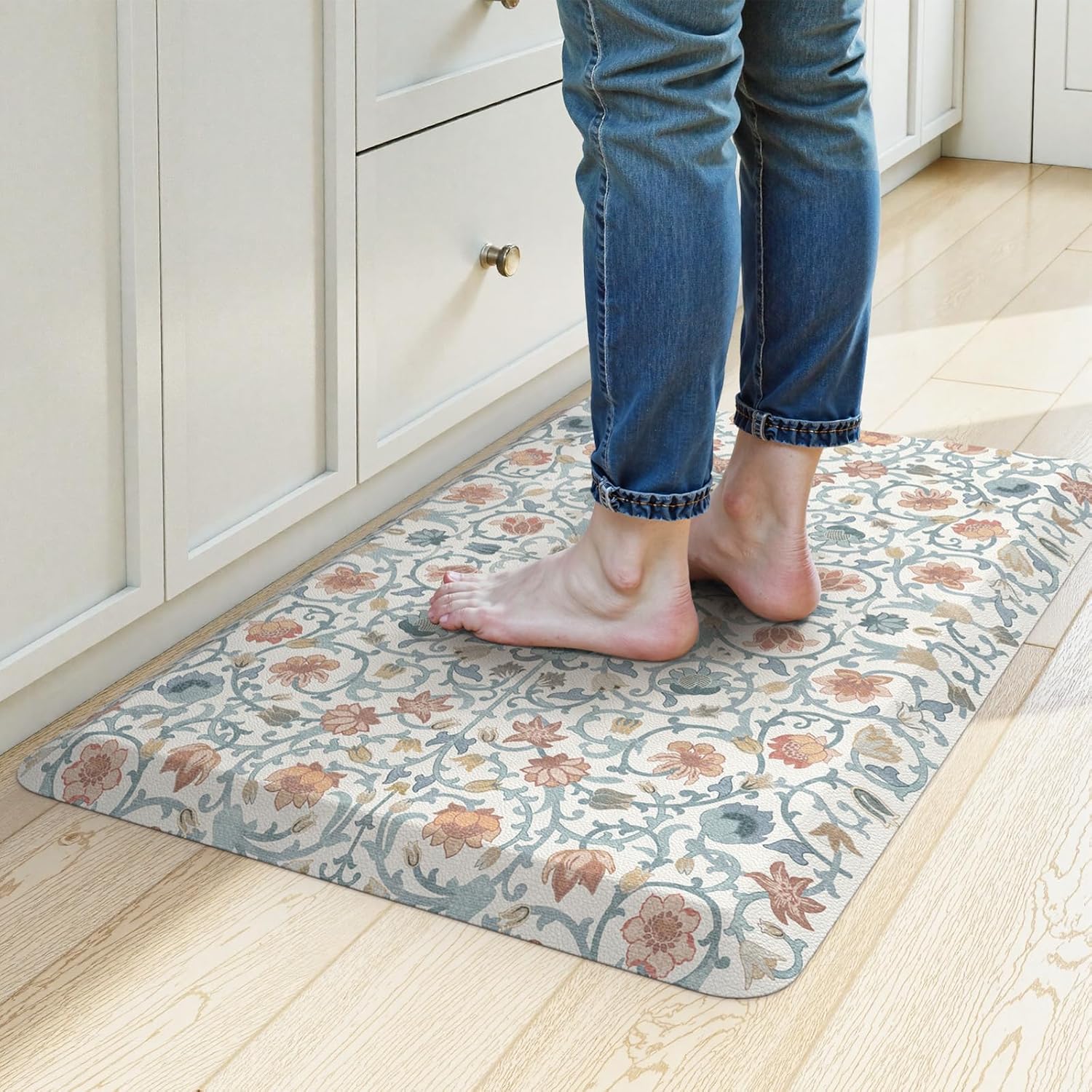KIMODE Comfort Kitchen Mats for Floor Cushioned Anti Fatigue,Farmhouse Floral Spring Sink Rug Non Slip for Laundry,Extra Thick Memory Foam Padded Standing Desk Carpet for Office,Blue/White 32"L x 20"W x 0.75"Th Blue/White