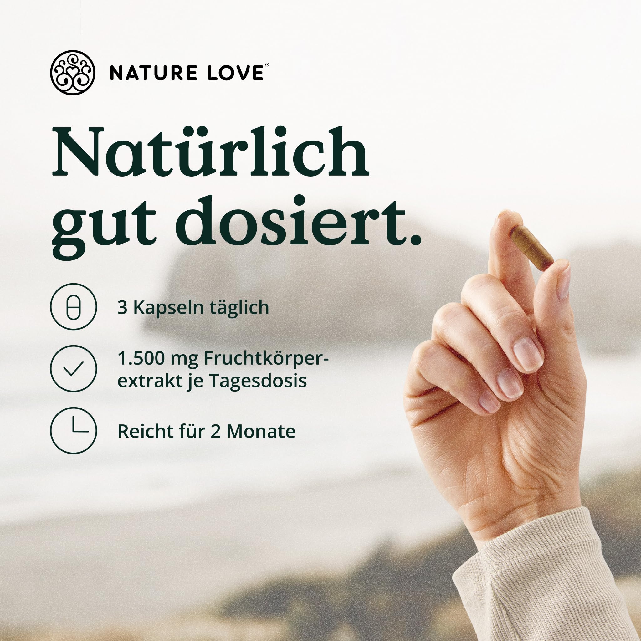 NATURE LOVE® Lions Mane - 180 Kapseln - hochdosiert mit 1500mg 30:1 Extrakt je Tagesdosis - 30% Polysaccharide und 5% Beta-Glucane - Hericium Erinaceus Mushroom - Vegan und laborgeprüft