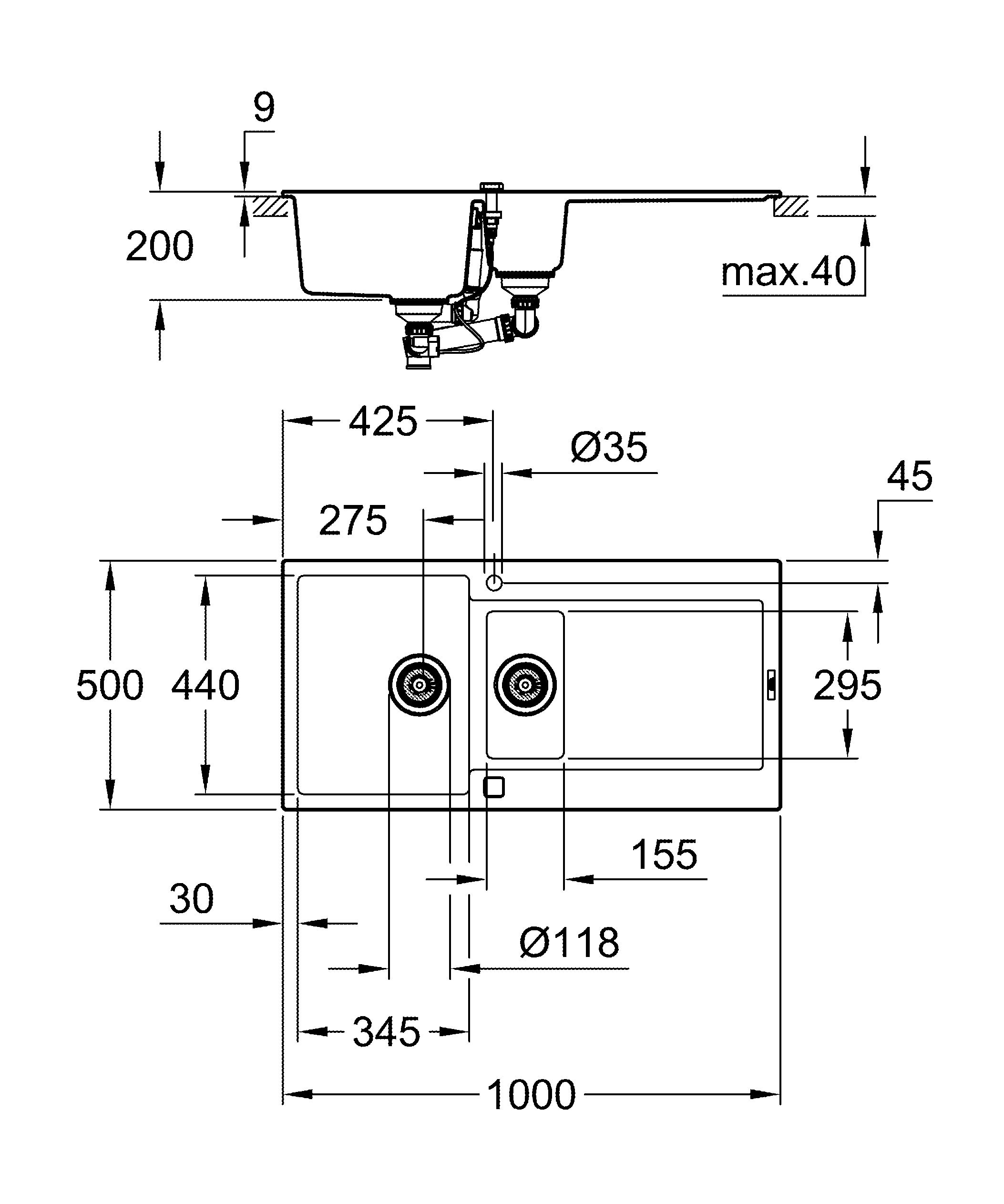 Grohe 31646AP0 - K500 Fregadero y mitad y desagüe, Gris (Granite Black), 100 x 50 cm