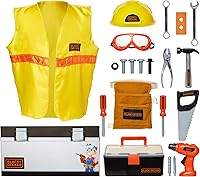 Vista 3 de BLACK+DECKER Juego de herramientas para niños, baúl de juego de simulación con caja de herramientas, chaleco de construcción y sombrero duro, juego
