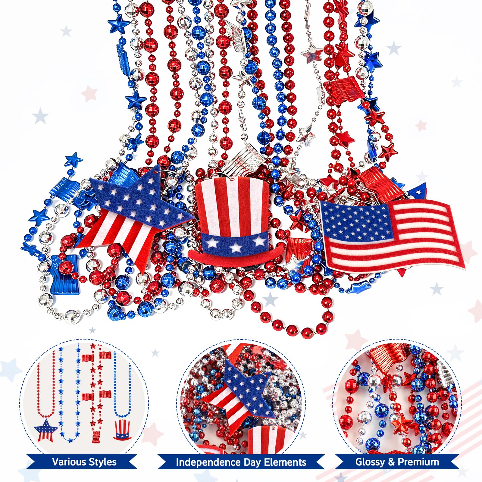 24 collares de cuentas del 4 de julio, accesorios patrióticos, a granel, estrellas rojas, blancas, azules, banderas de Estados Unidos, collares para decoraciones del 4 de julio, accesorios para el Día