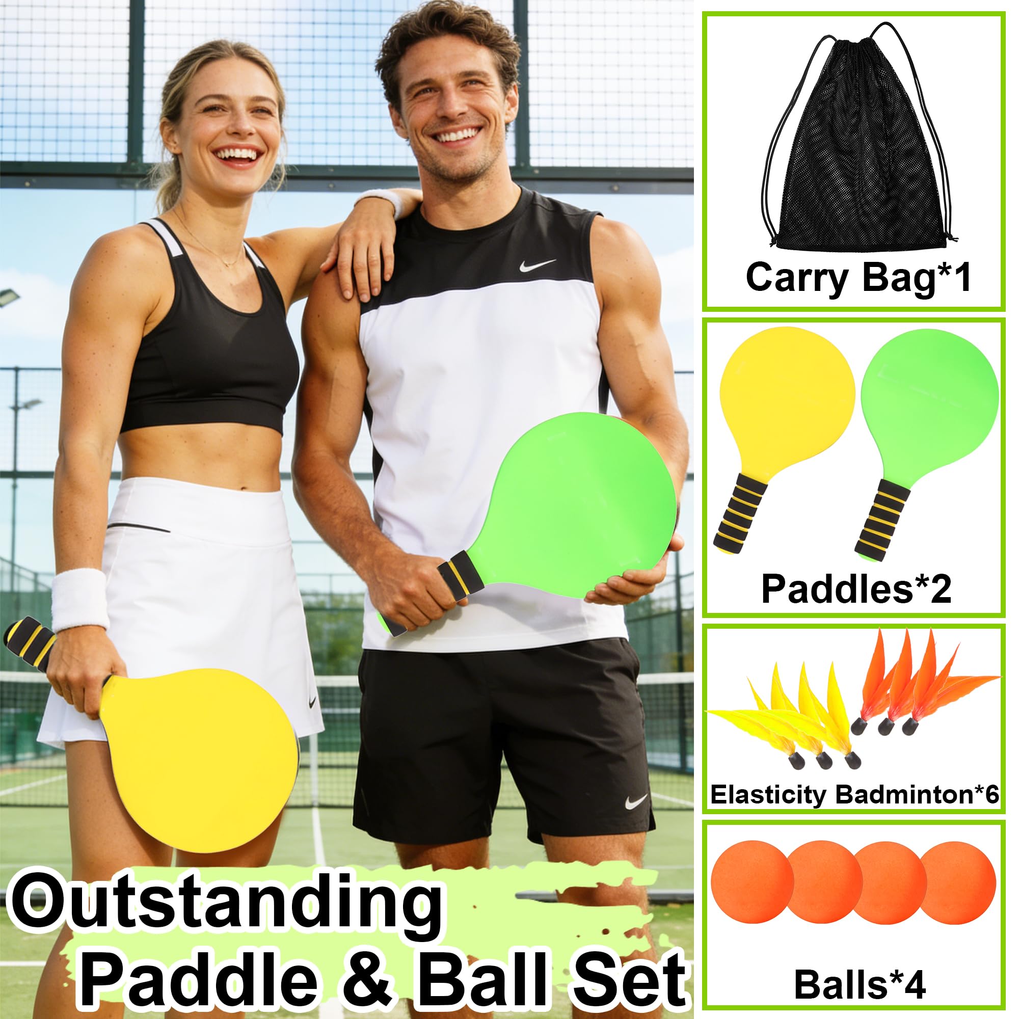 Set de Palas de Playa, Juega Estilo Badminton Beach Tennis, Raquetas de Playa con 4 Pelotas & 6 Pajaritos y Bolsa, Juego de Verano para Interior Exterior Jardín Beach Party, Juguetes Playa Niño Adulto - 3