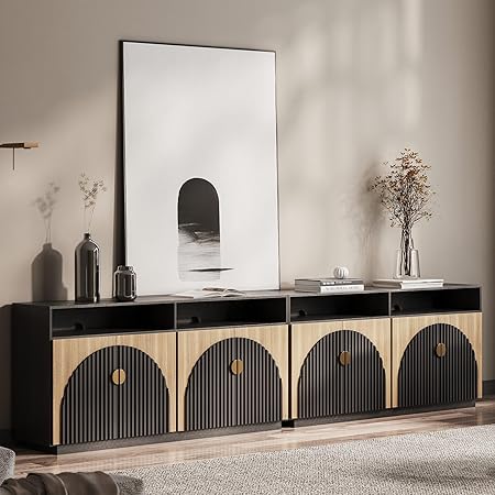 BELLEZE Set of 2 65 Inch Fluted TV Stand, Mid Century Modern Entertainment Center with Storage Cabinets & Open Shelves, Media Console TV Cabinet with Adjustable Shelves for Living Room, Camel