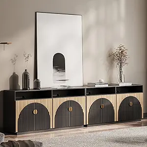 BELLEZE Set of 2 65 Inch Fluted TV Stand, Mid Century Modern Entertainment Center with Storage Cabinets & Open Shelves, Media Console TV Cabinet with Adjustable Shelves for Living Room, Camel