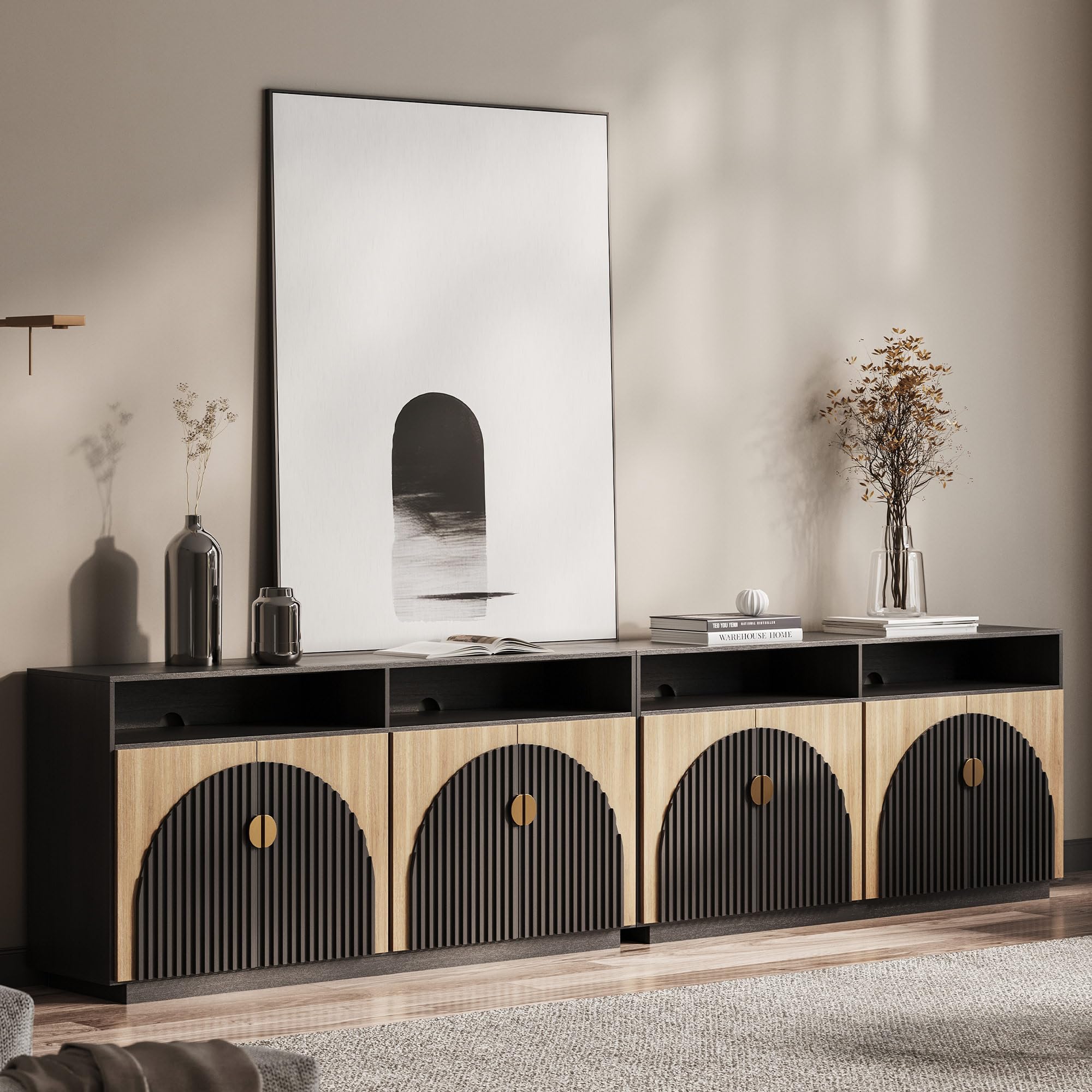 BELLEZE 65 Inch Fluted Buffet Cabinet with Storage, Symmetrical Arc Accent Sideboard Large Console Table for Dining Room, Kitchen, and Living Room (Camel) — view 73