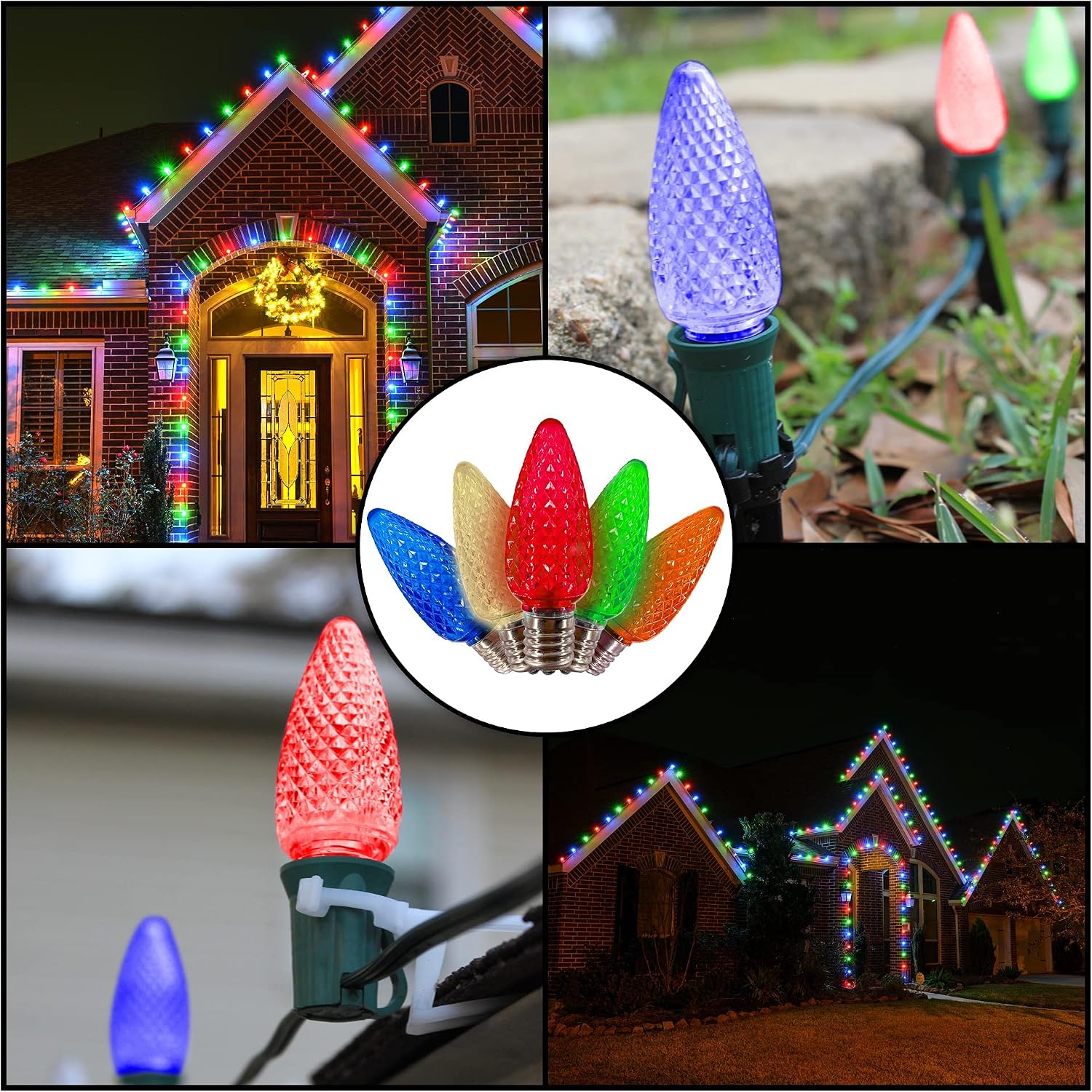 C9 Christmas Lights LED Bulb (Pack of 25) Multicolor Replacement Christmas Light Bulbs Faceted Retrofit Candle Shape Commercial Grade E17 Socket Roof Lights Bulbs