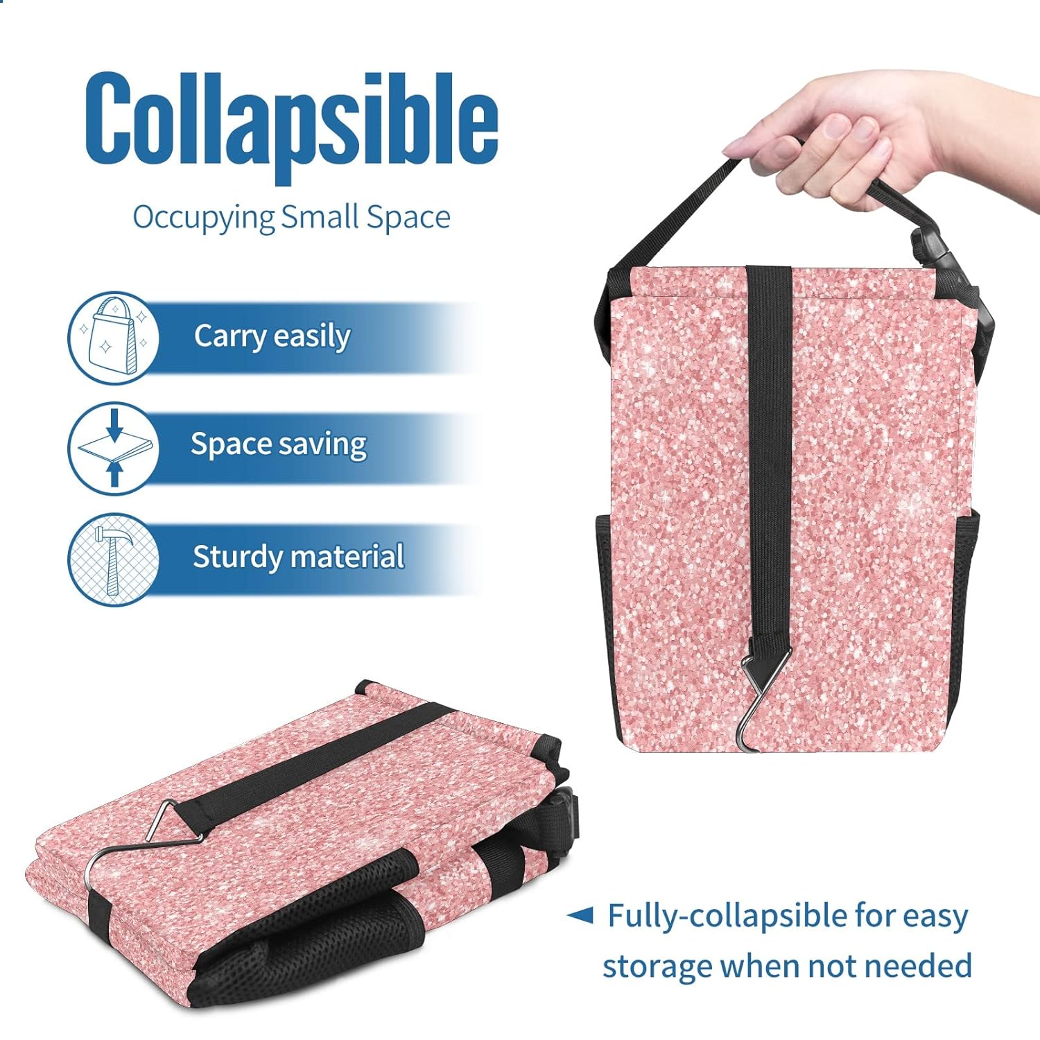 Car Trash Can Rose Gold Glitter Auto Garbage Bag Car Trash Can with Lid Leak-Proof Car Storage Bag Auto Garbage Bag Hanging for Headrest Collapsible and Portable with Storage Mesh Pocket