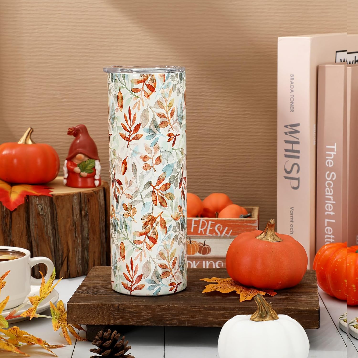 Fall Tumbler with Lid Straw Watercolor Leaves Stainless Steel Cup Orange Blue Green Leaves Tumbler Cup for Autumn Thanksgiving Supplies - Image 4