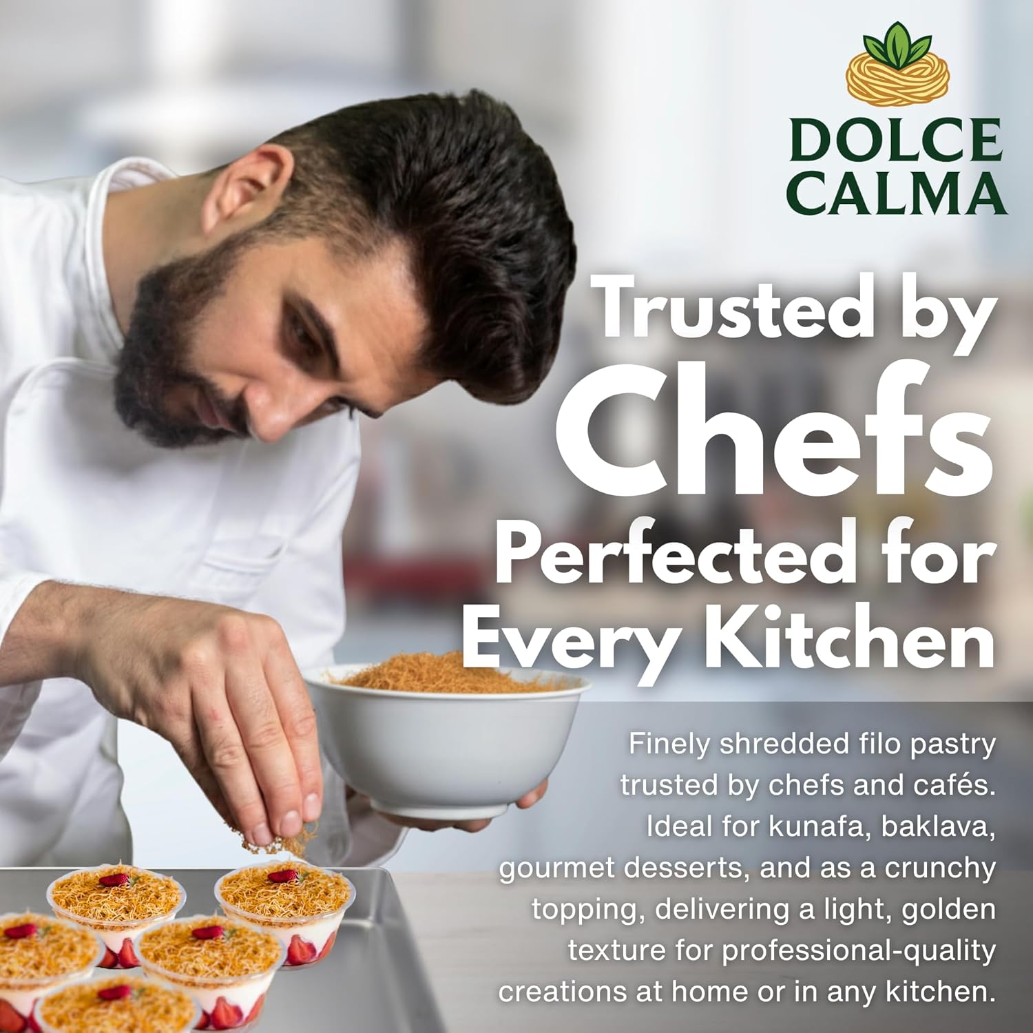 Dolce Calma Premium Roasted Kataifi Dough (5kg / 11lb) – Kadayif for Dubai Chocolate Bar, Kunafa & Baklava Desserts, Finely Shredded Fillo, Kataif Bulk Pack, Phyllo for Pistachio Cream Bakery Kunefe