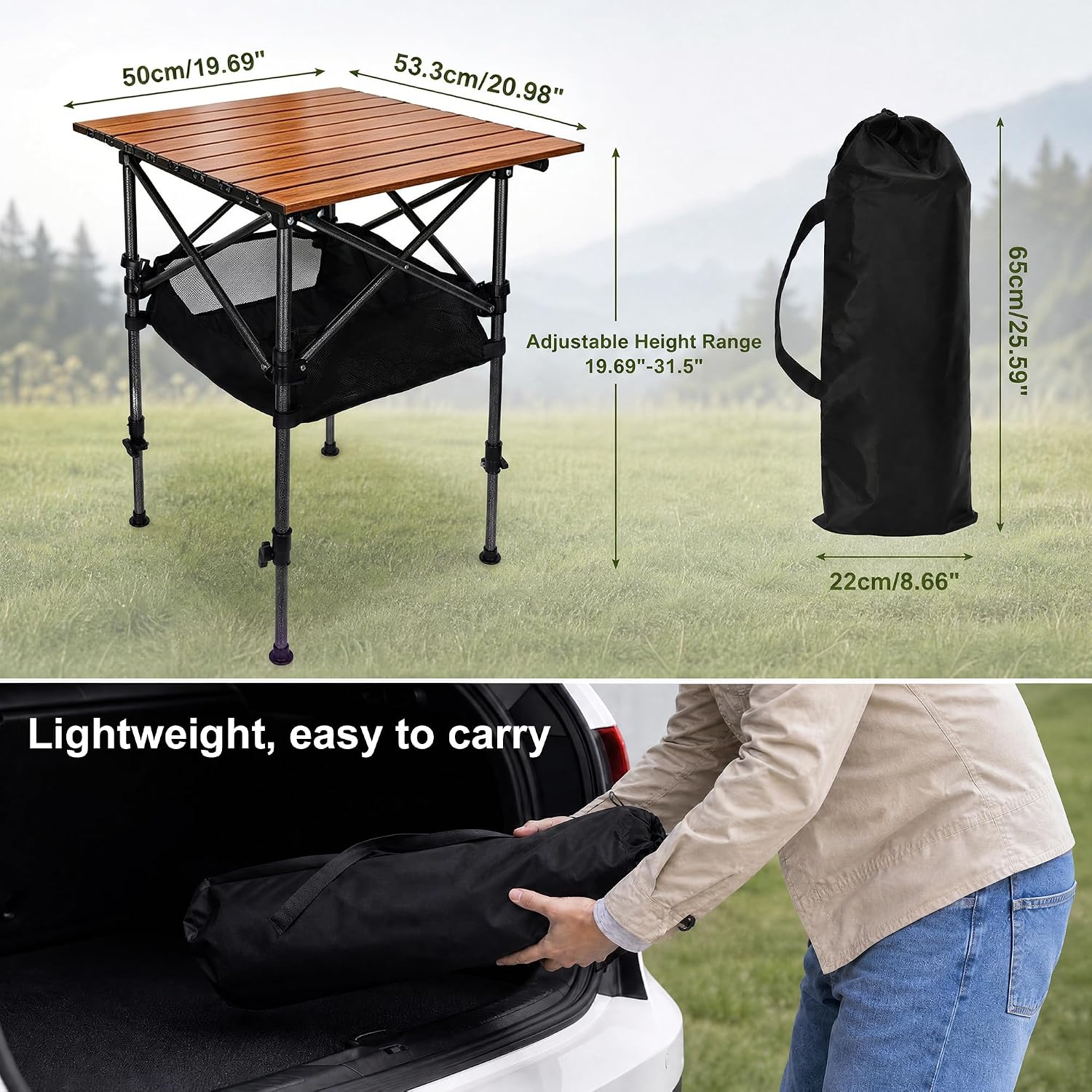 Folding Camping Table 19.7" L x 20.9" W Portable Table with Adjustable Height 19.7"-31.5" Brown