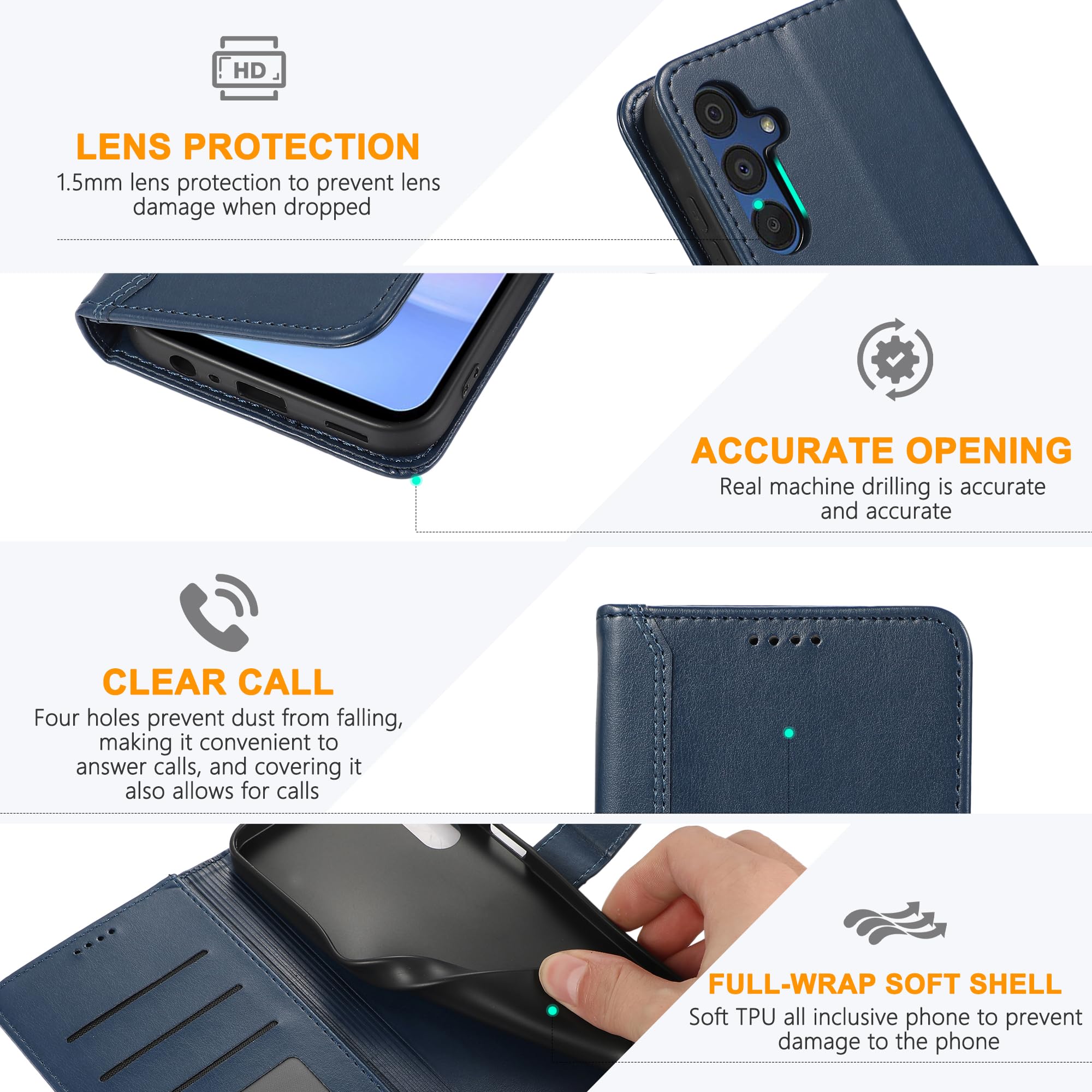 SMYTU Custodia per Samsung Galaxy A15 4G / 5G + Vetro Temperato,Cover a Libro Samsung Galaxy A15 4G,Custodia Flip in Pelle Magnetica Portafoglio Per Samsung Galaxy A15 5G - Blu