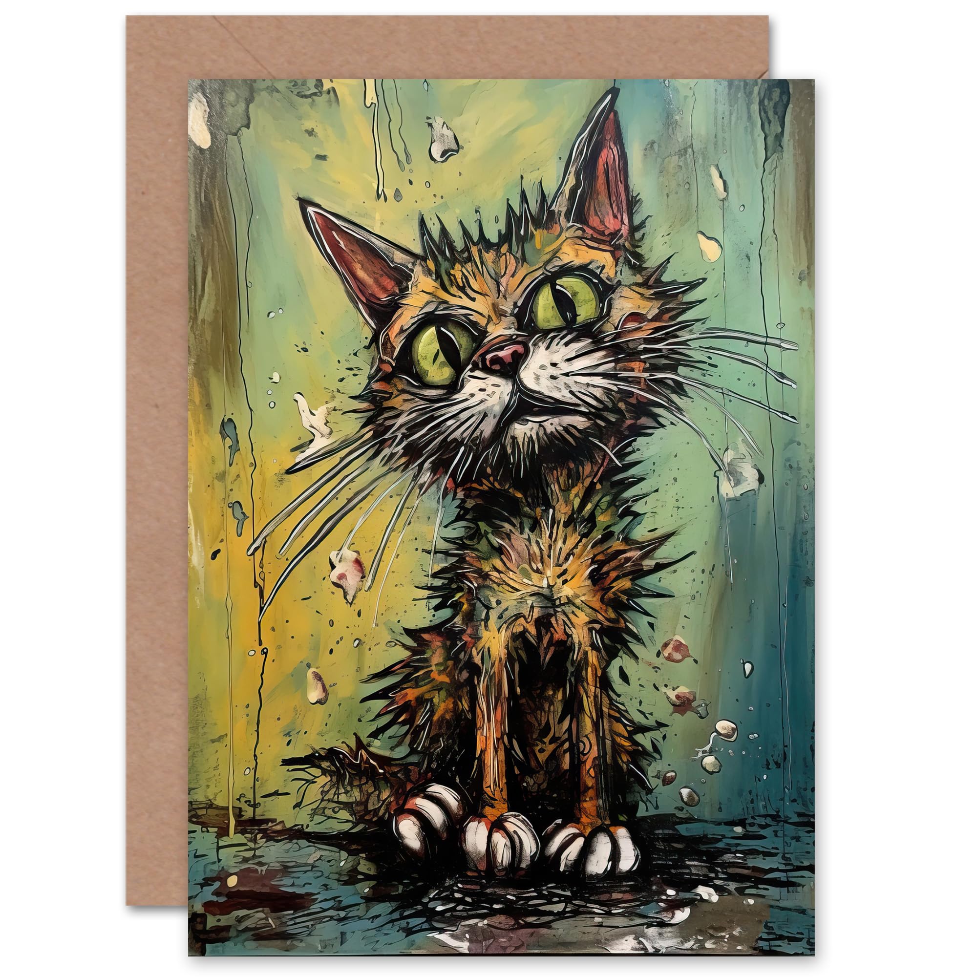 Artery8 Alley Cat Stray Scruffy Moggie Oil Painting Art for Him or Her Man Woman Birthday Thank You Get Well Soon Blank Art Greeting Card