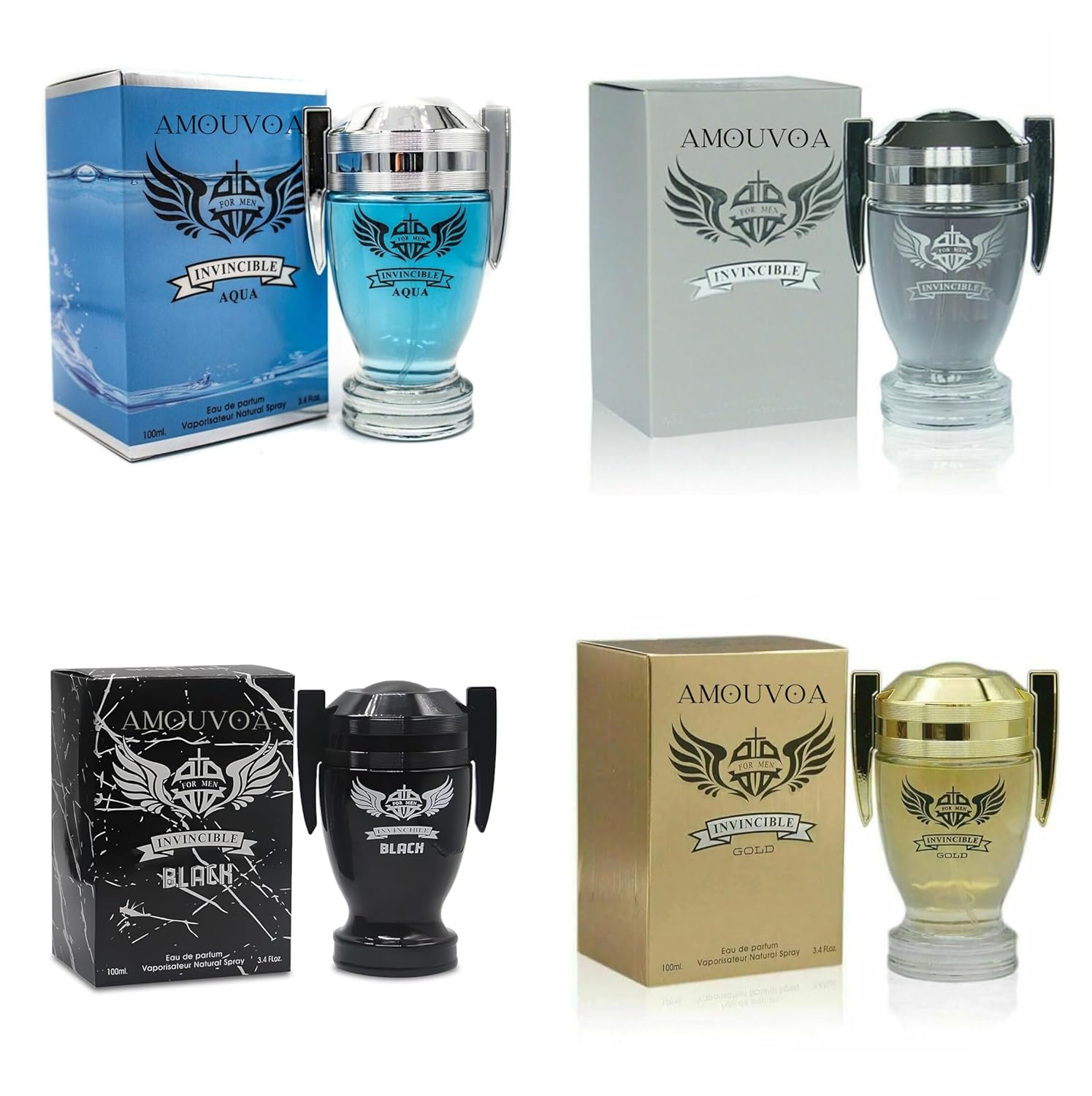 Invincible 4-Pc Set Cologne for Men Classic Collection Bottles, Eau de Parfum Natural Spray – Fresh Aqua Scent – Gift for Holiday (Pack of 4) Each 3.4 Fl Oz, Total 13.60 Oz