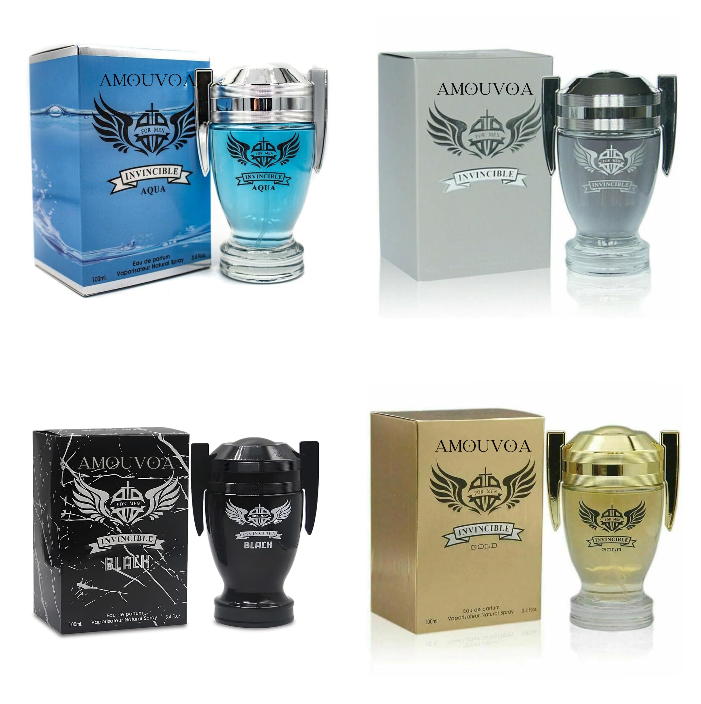 AMOUVOA Invincible 4-Pc Set Cologne for Men Classic Collection Bottles, Eau de Parfum Natural Spray - Fresh Aqua Scent - Gift for Holiday (Pack of 4) Each 3.4 Fl Oz, Total 13.60 Oz
