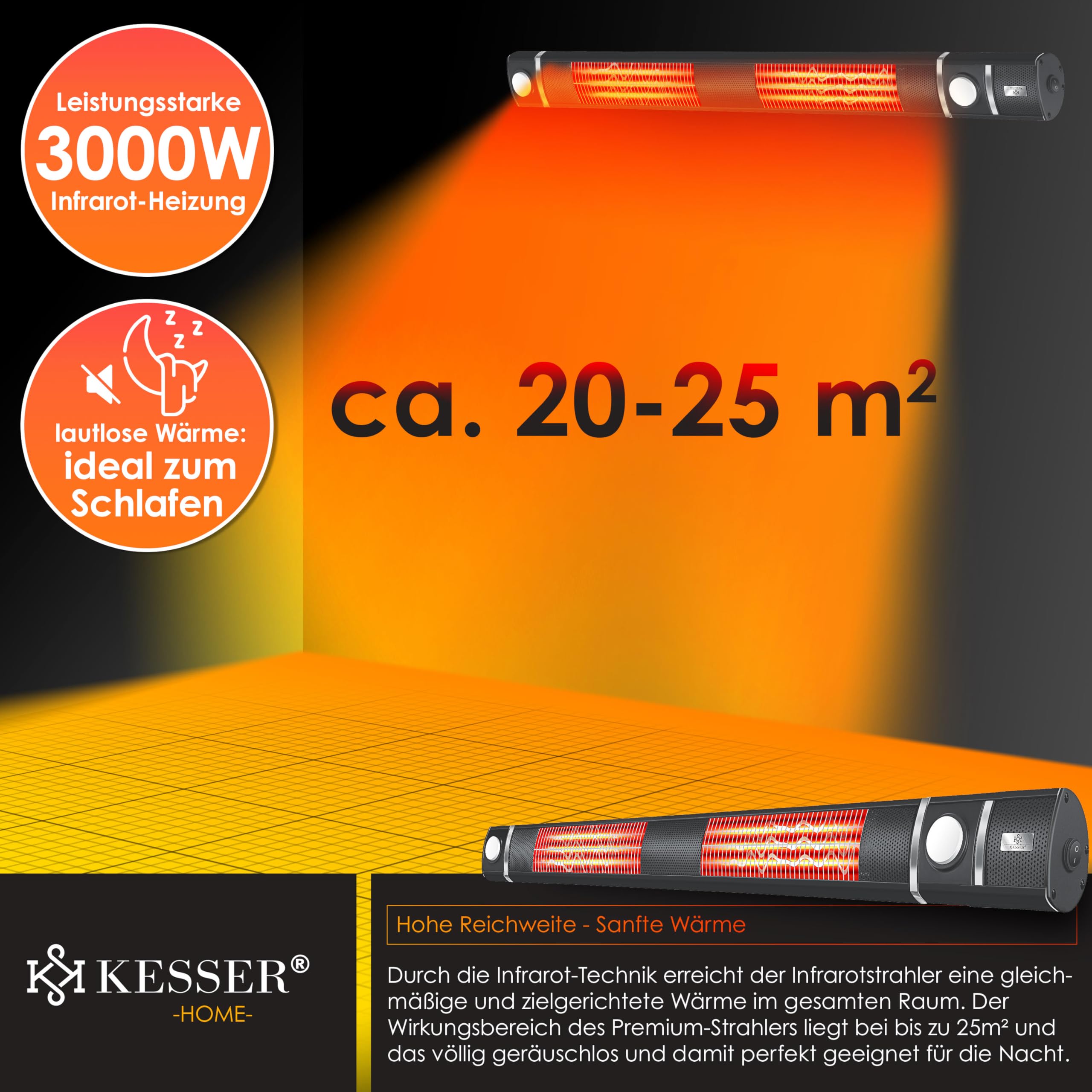 KESSER Stufa a infrarossi, 3000 W, con luce a LED e telecomando, con custodia protettiva a infrarossi, riscaldatore a infrarossi, riscaldatore da parete