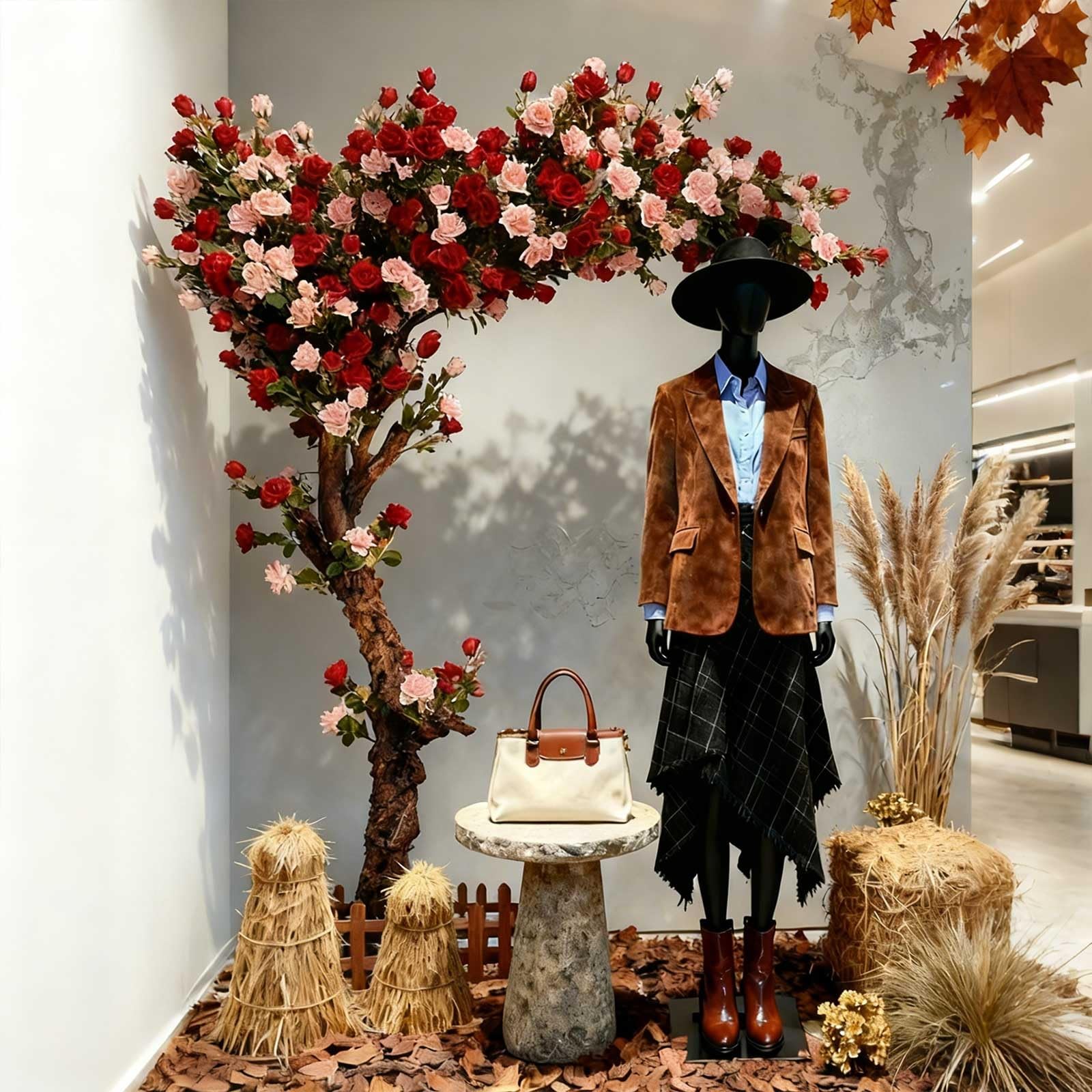 KIBONCY Mixed Red White Blossom Artificial Rose Wishing Tree, Oversized Faux Floral with Camellia & Hydrangea, Freestanding Landscape Decor for Hotel Lobby Corporate Window Outdoor Display(1.2x1m)