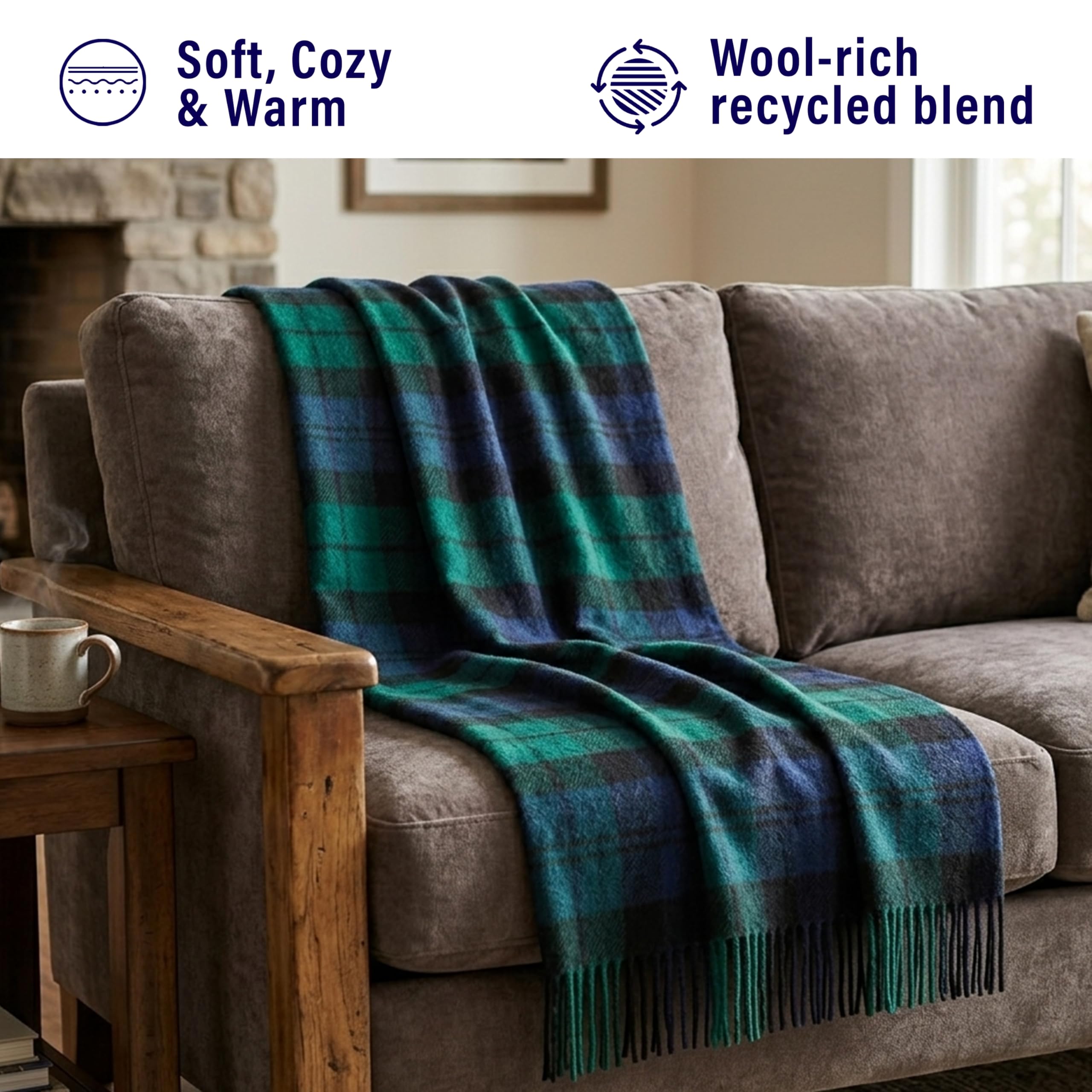 Couverture en Laine Douce à Carreaux Tartan - 185 x 77 cm - Motif Tartan écossais avec Franges - Couverture Chaude pour canapé, Voyage et Voiture pour la fête des mères ou Noël