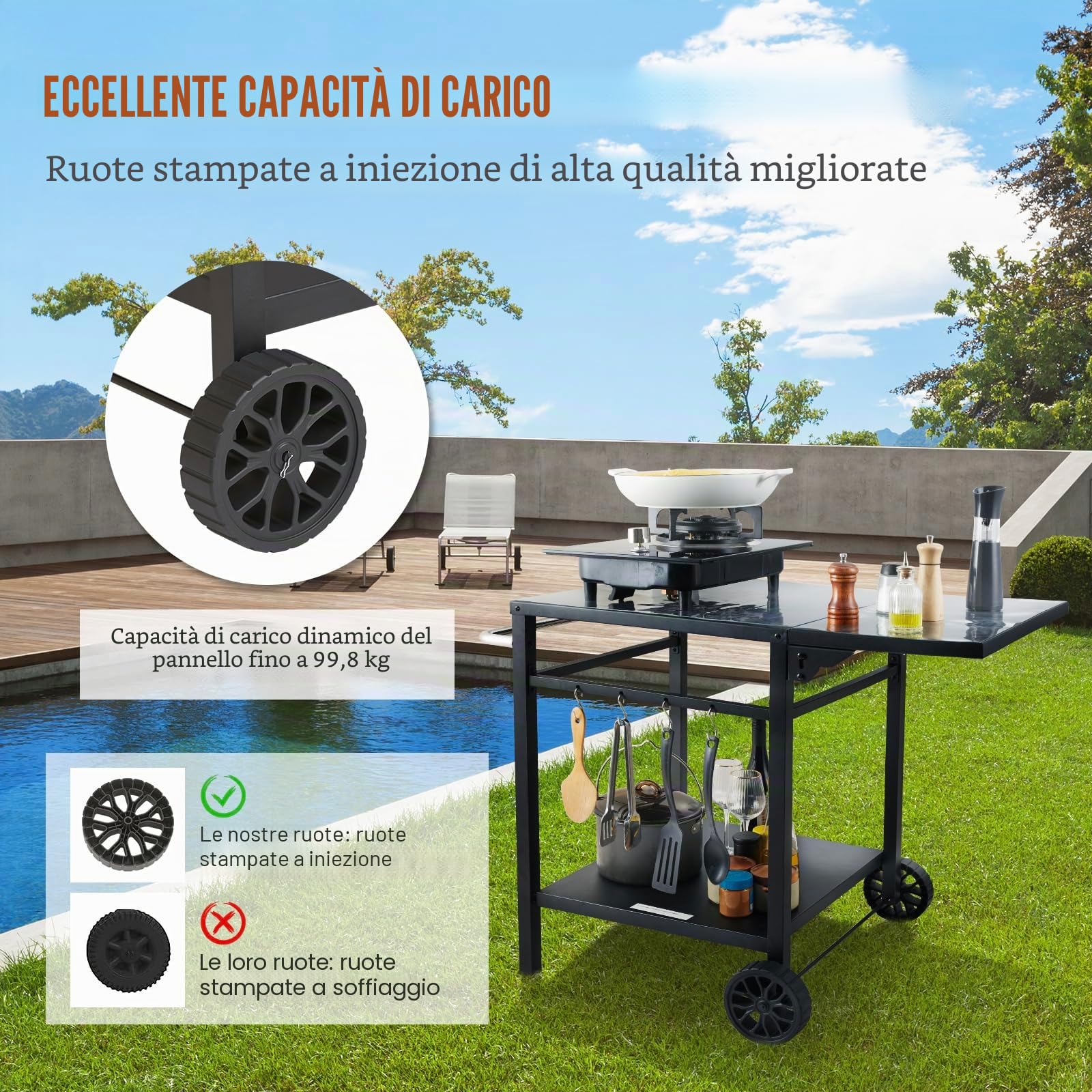 VEVOR Carrello da Pranzo per BBQ da Esterno con Doppio Ripiano, Tavolo Mobile per la Preparazione degli Alimenti per Barbecue, Piano Multifunzionale in Ferro Pieghevole, Carrelli Modulari per Esterno