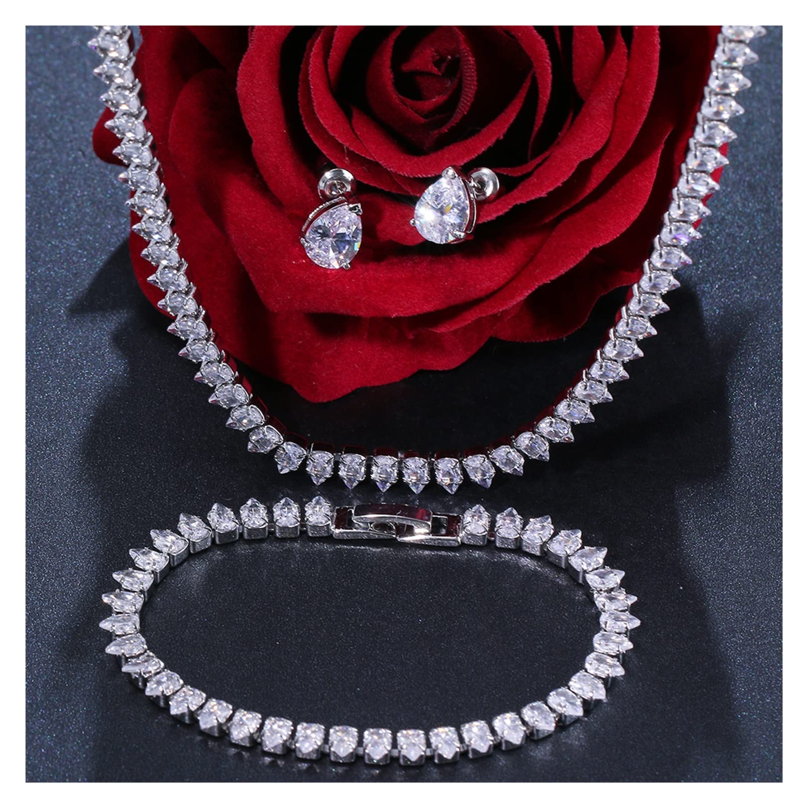 45cm circonitas Preciosas Zirconia cúbica Color Oro Blanco Boda Nupcial Collar Pendientes Conjunto de Joyas de Fiesta for Novias