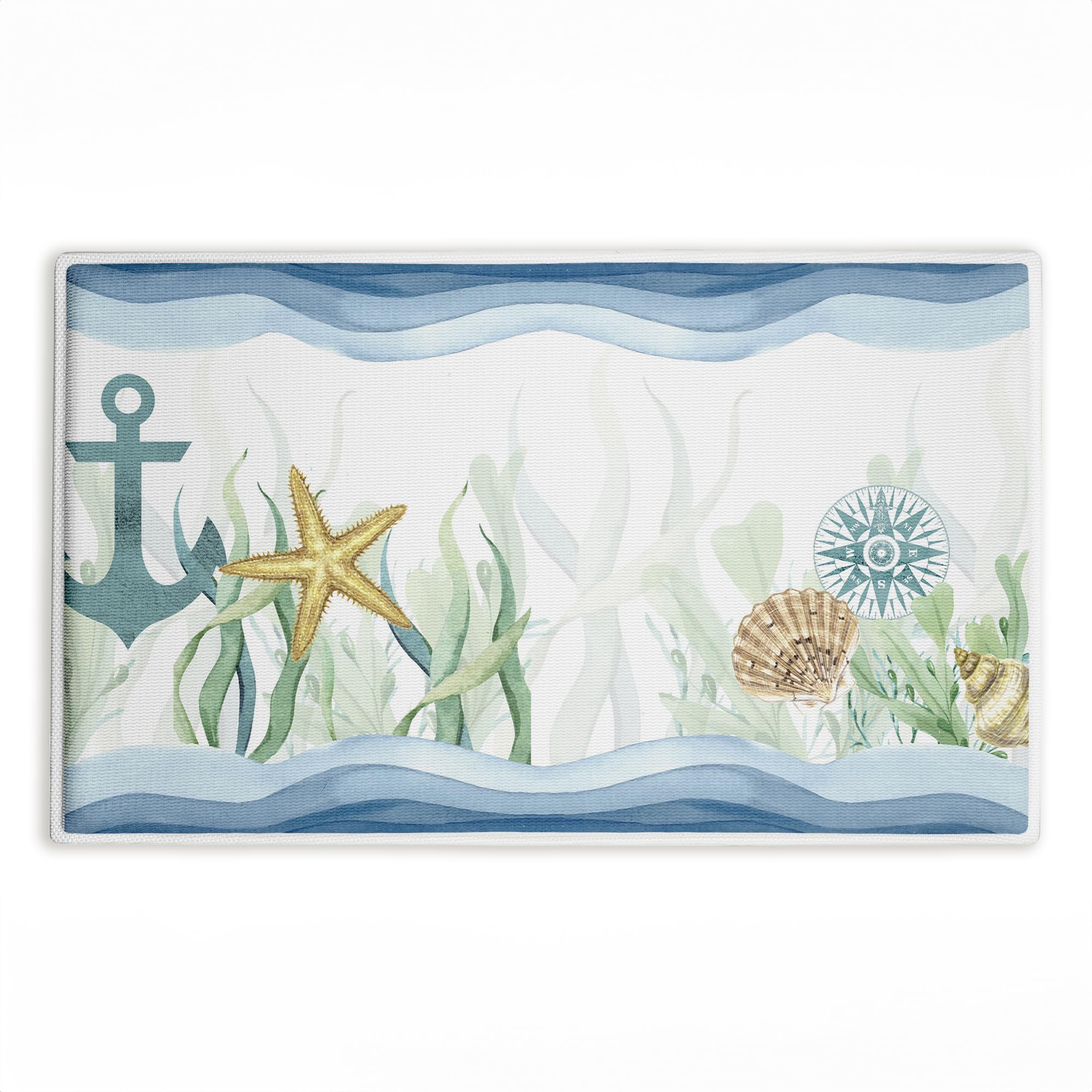 Stupell Industries Bayside Sea Life & Waves Plush Bathroom Mat & Bath Rug, Soft Quick-Dry Non-Slip Bathroom Rug with Recycled Foam Cushion, Coastal Ocean Marine Life Design by Kim Allen, 18"x30"
