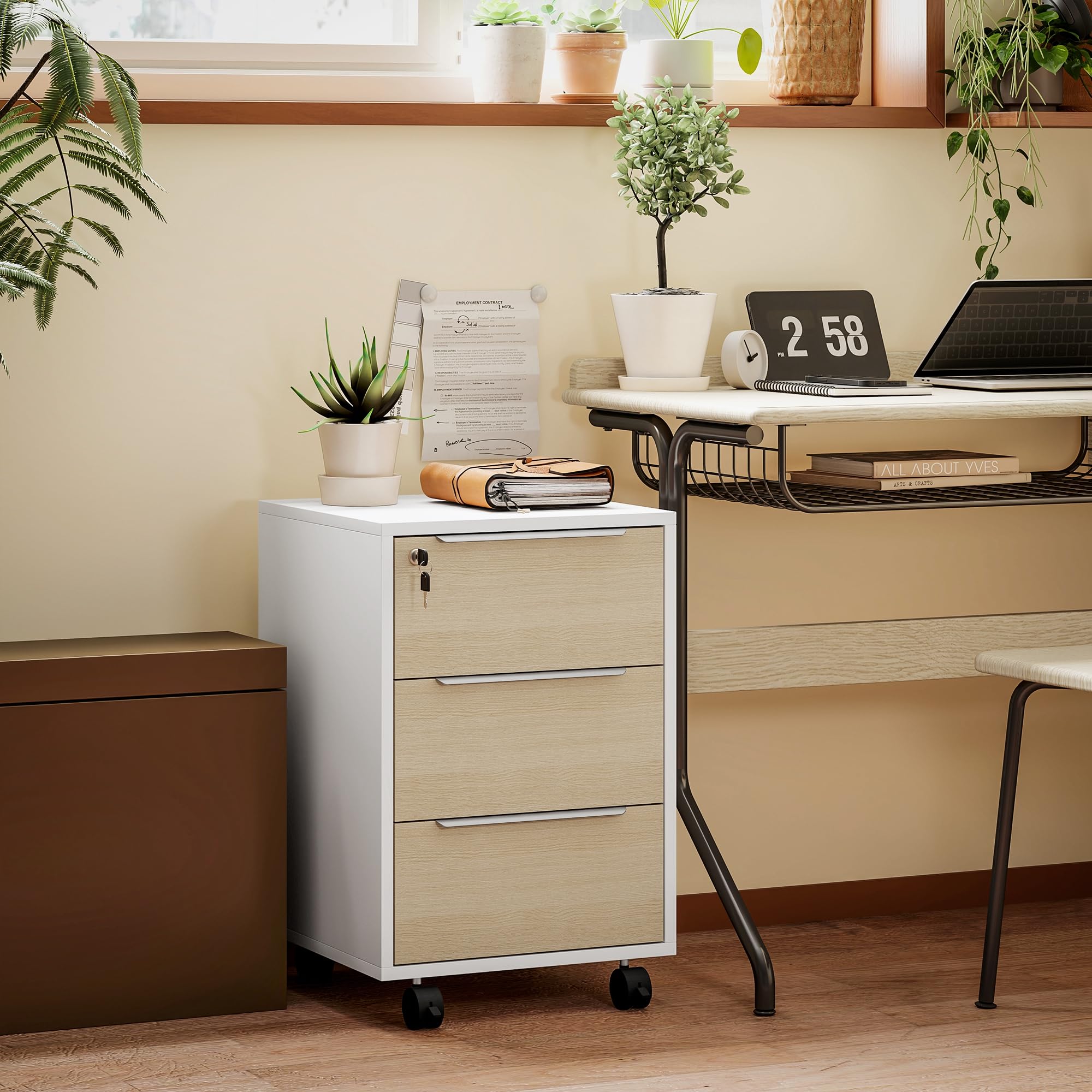 HOMCOM Cassettiera per ufficio su ruote 3 cassetti con serratura e 2 chiavi per sala studio 40x40x63,5 cm Bianco e rovere