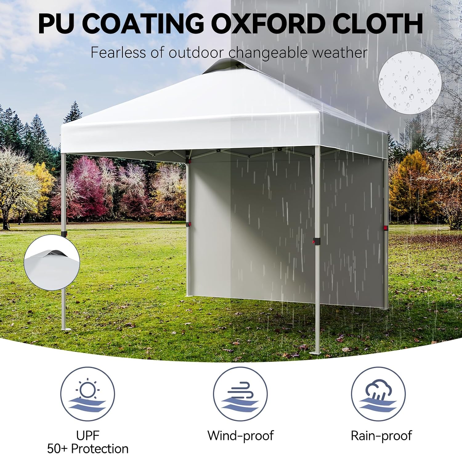 Image highlighting the PU Coating Oxford Cloth features: UPF 50+ Protection, Wind-proof, and Rain-proof, with a canopy set up in a field.