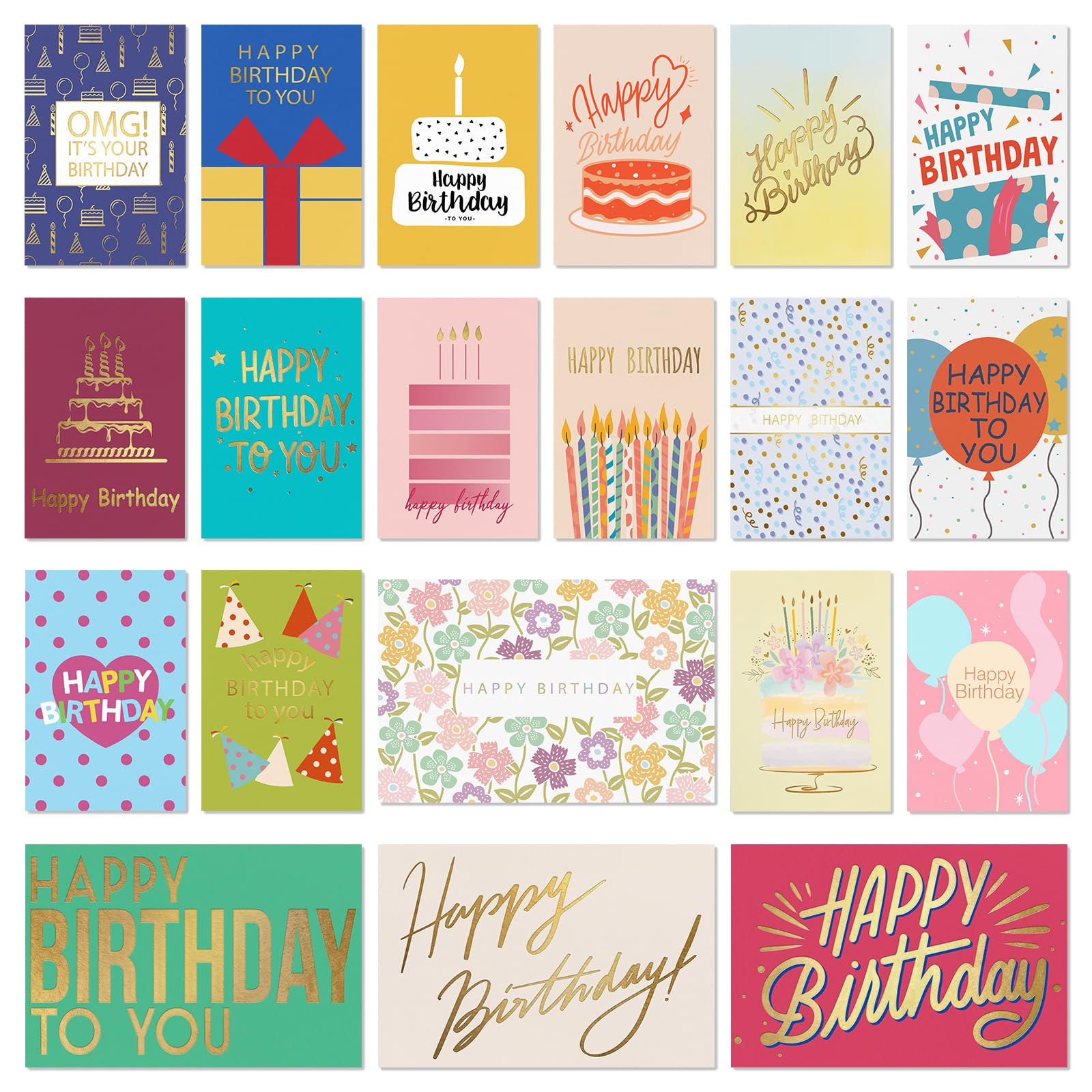 Birthday Cards Pack of 20, Birthday Cards Bulk for Women Men Kids Gold Foil Assorted Happy Birthday Greeting Cards with Envelopes Blank Inside 4x6 Inches Unique