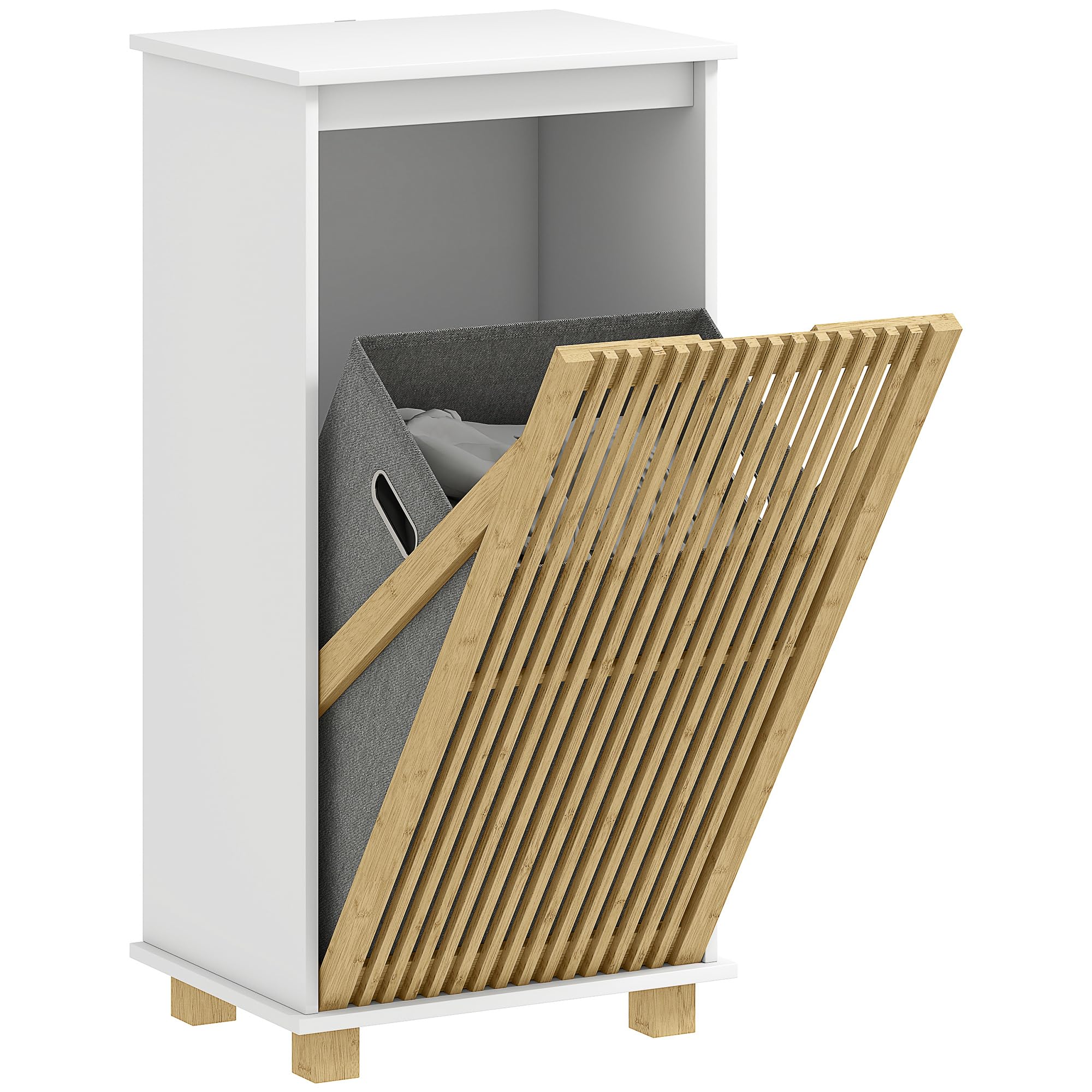 HOMCOM Meuble Salle de Bain avec Panier à Linge, Armoire de Rangement avec Porte à Lattes en Bambou et Sac Amovible, 40 x 30 x 80 cm, Blanc et Effet Bois Naturel