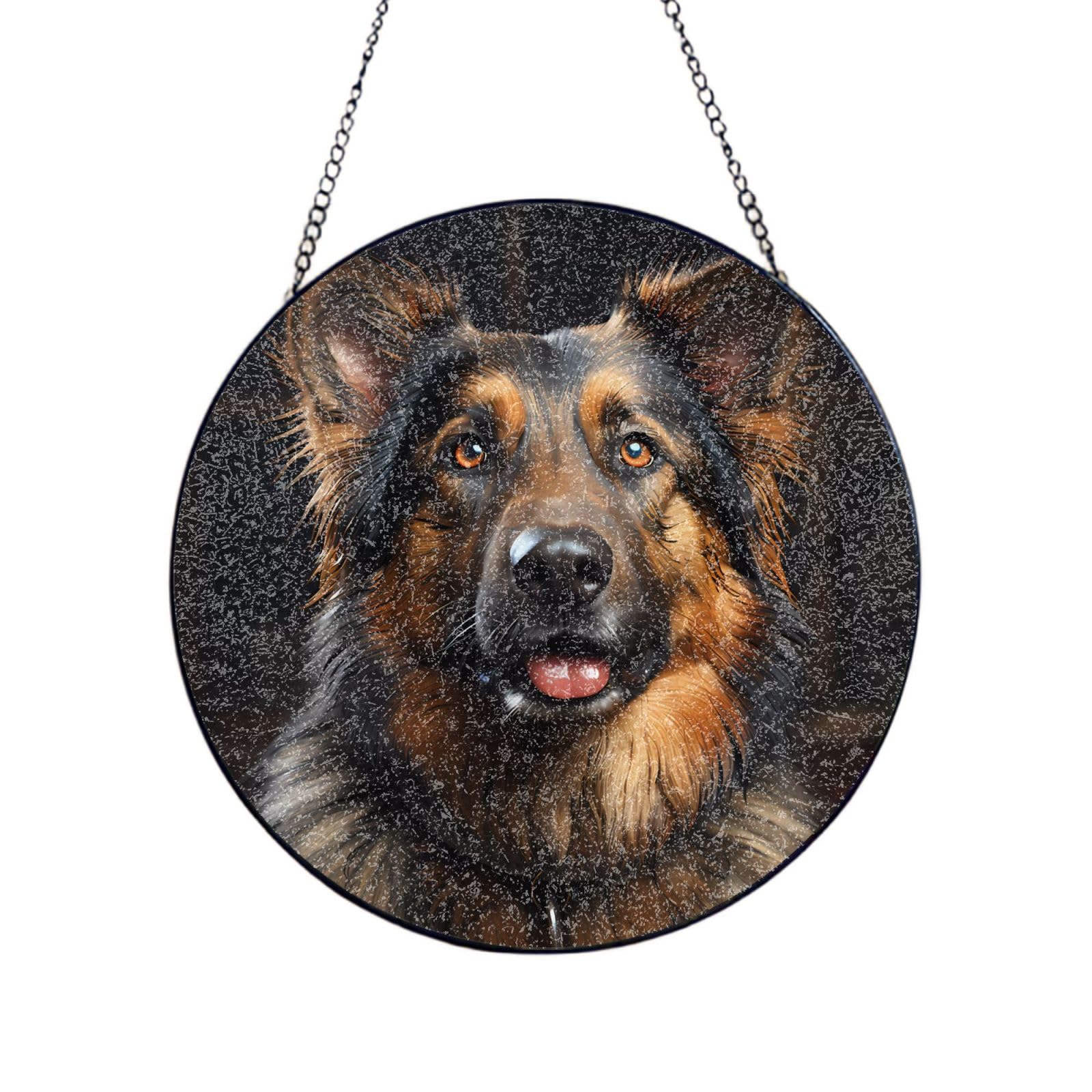 Phayah German Shepherd Print Stained Glass Window Hanging Suncatcher For Door Terrace Garden Home Decor Sun Catcher Birthday Gifts For Lovers Dad Mom 10in（25cm）