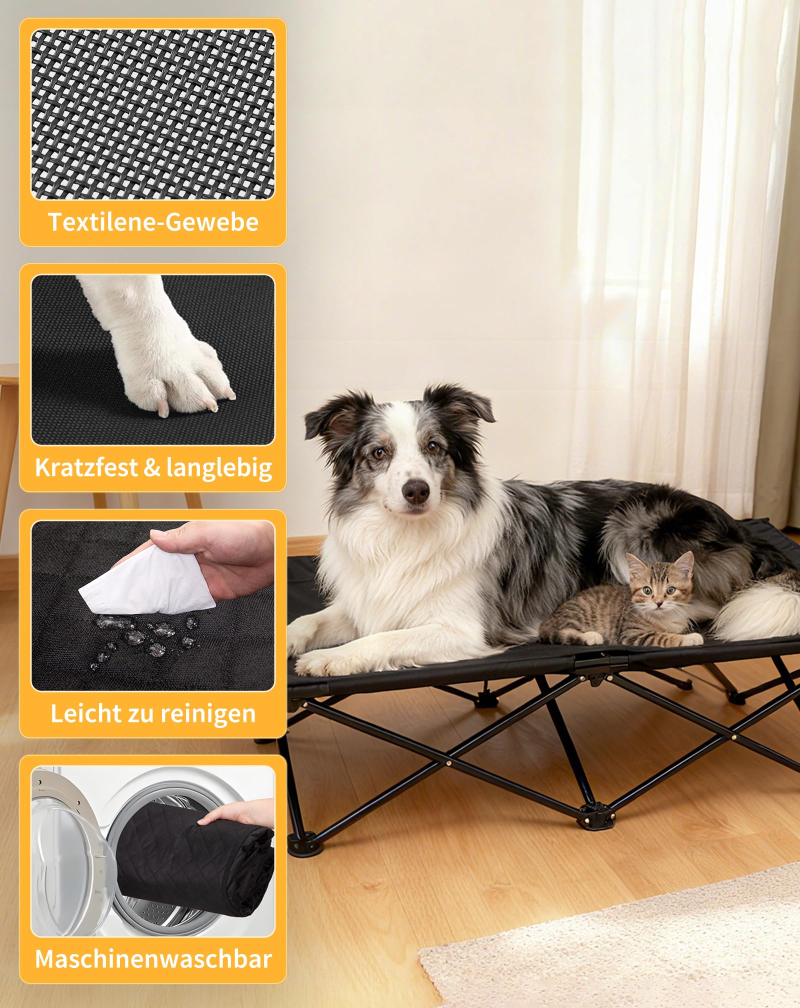 KingCamp Erhöhtes Hundebett Hundeliege Outdoor Haustierbett Haustierliege Atmungsaktivem Mesh & Wildledermatte & Rutschfesten Füßen für Reisen Garten Outdoor Indoor, Schwarz 121 × 68 × 30 cm