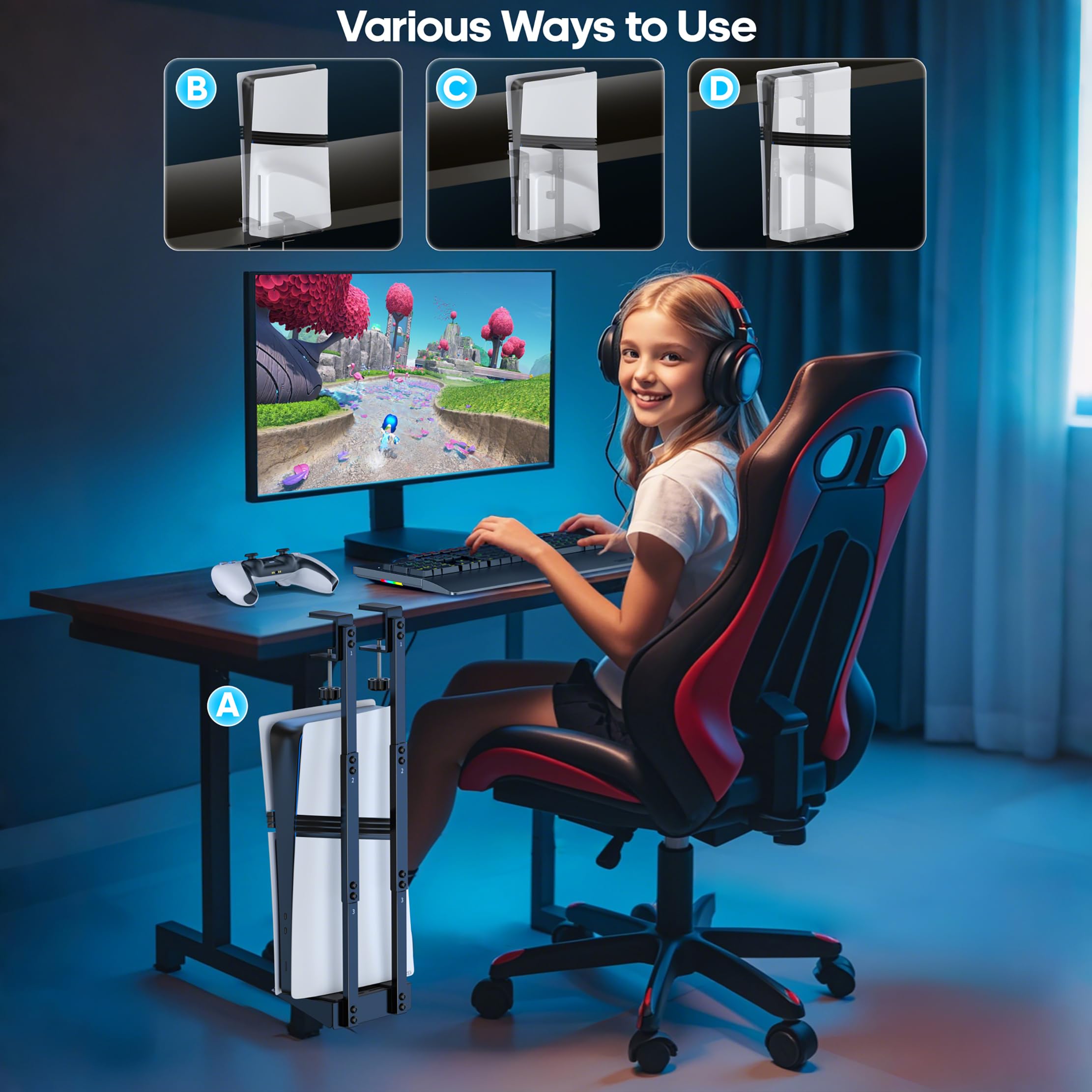 PS5 Supporto Sotto la Scrivania Verticale per PS5/ PS5 Slim/ PS5 Pro, Supporto Sotto Tavolo PS5 per Versioni PS5 Disc & Digital, Accessori Salvaspazio per PS5 Sotto la Scrivania e per lo Stoccaggio