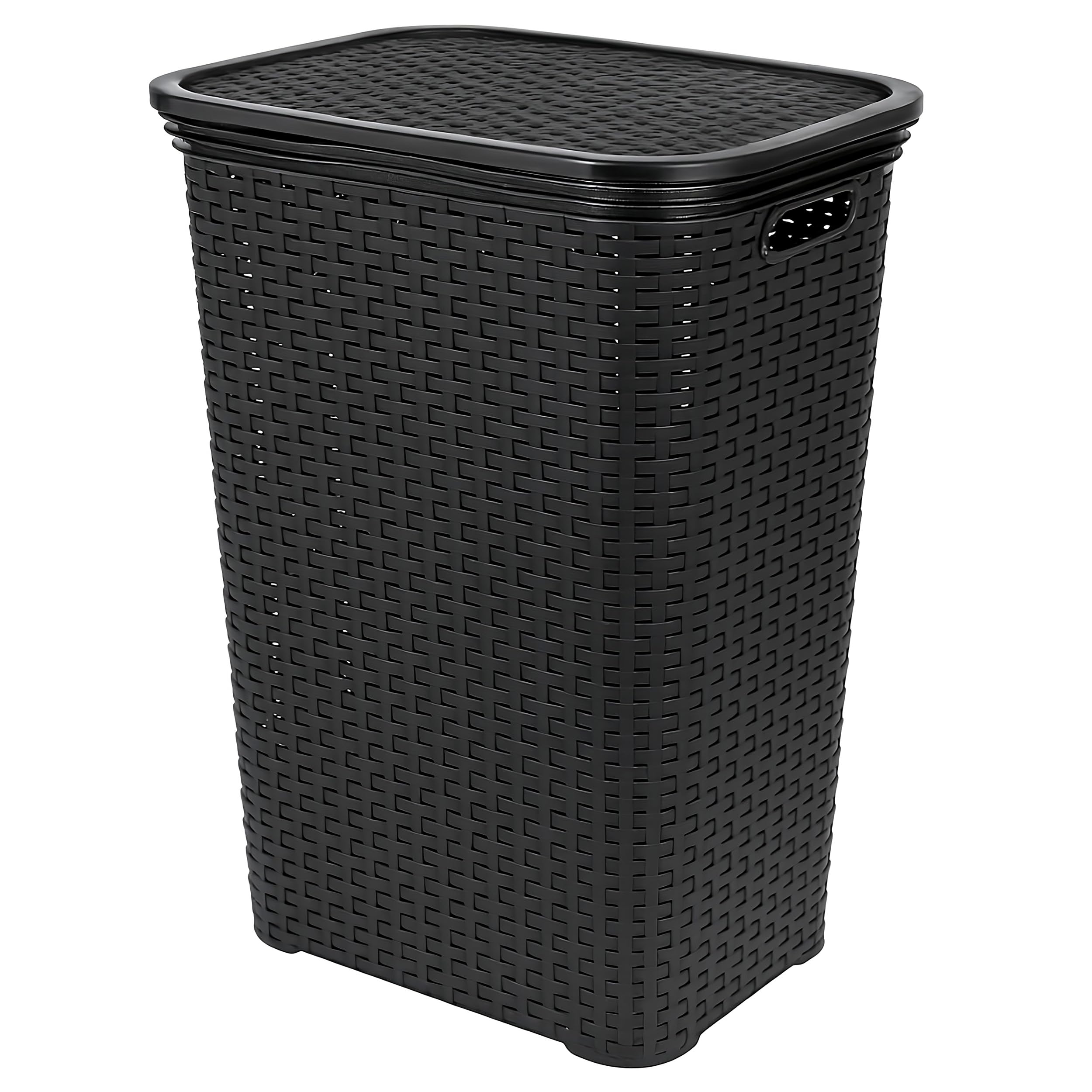 HRB Wäschekorb mit Deckel Rattan 65 Liter, Wäscheaufbewahrung aus Kunststoff, Wäsche Sortierer (Schwarz)