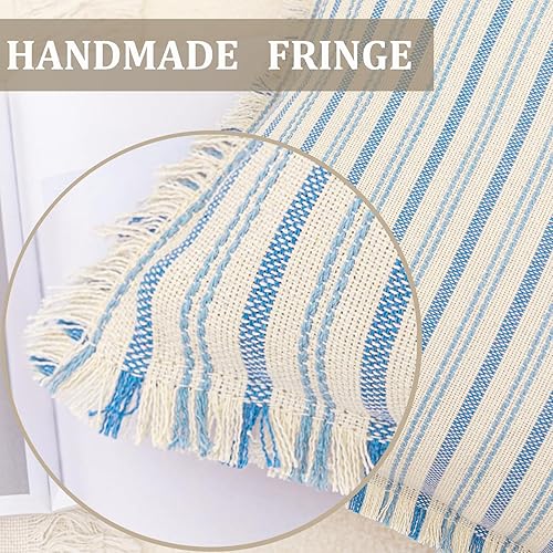 Miniatura 3 de Vfuty Juego de 2 fundas de almohada decorativas de lino y algodón de 18 x 18 pulgadas, funda de almohada de rayas azules con flecos, funda de cojín