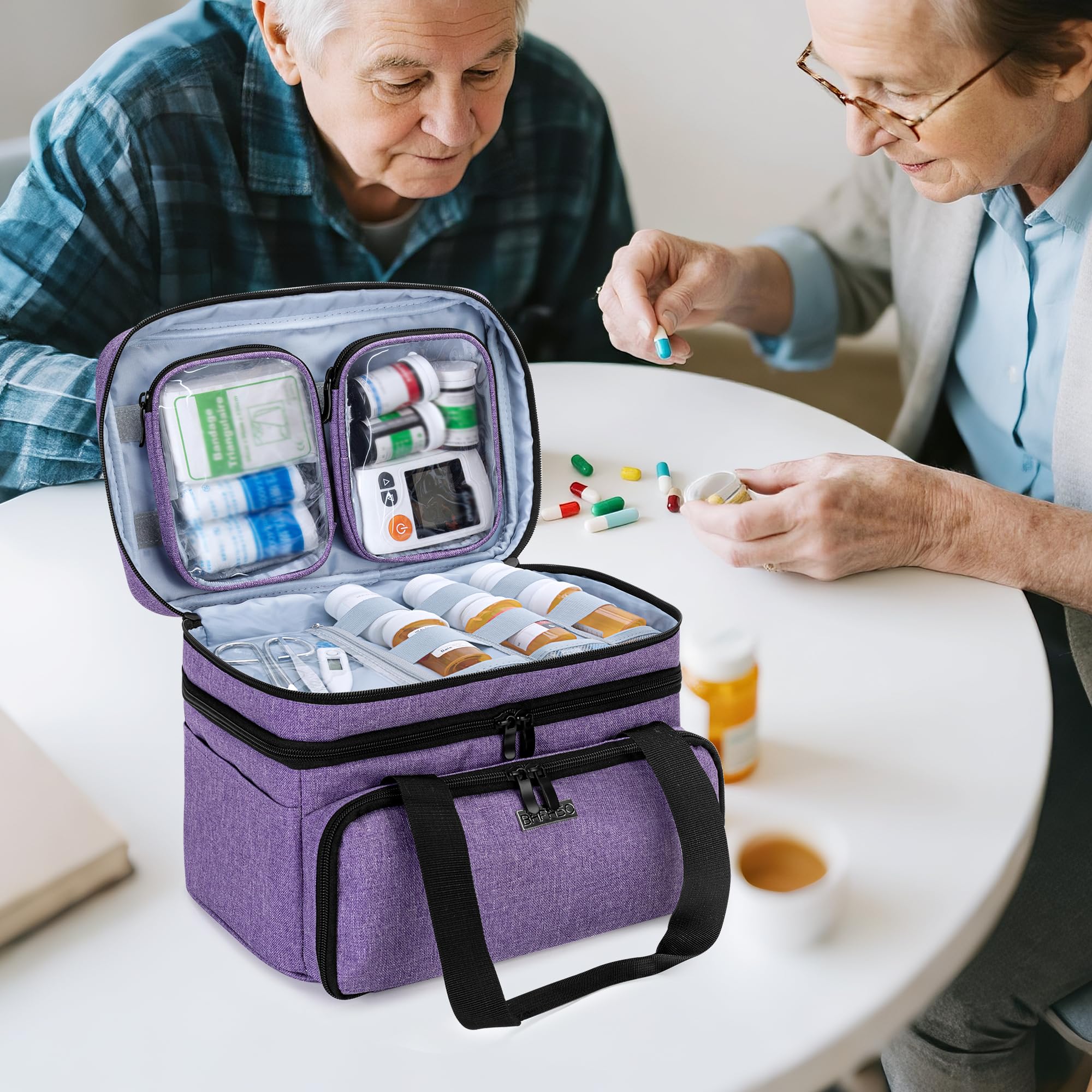 BAFASO Sac de Médecine Double Couche avec 2 Pochettes Transparentes Amovibles, Sac de rangement de Médicaments pour Les Voyages et I'usage Quotidien (Sac Seulement), Violet