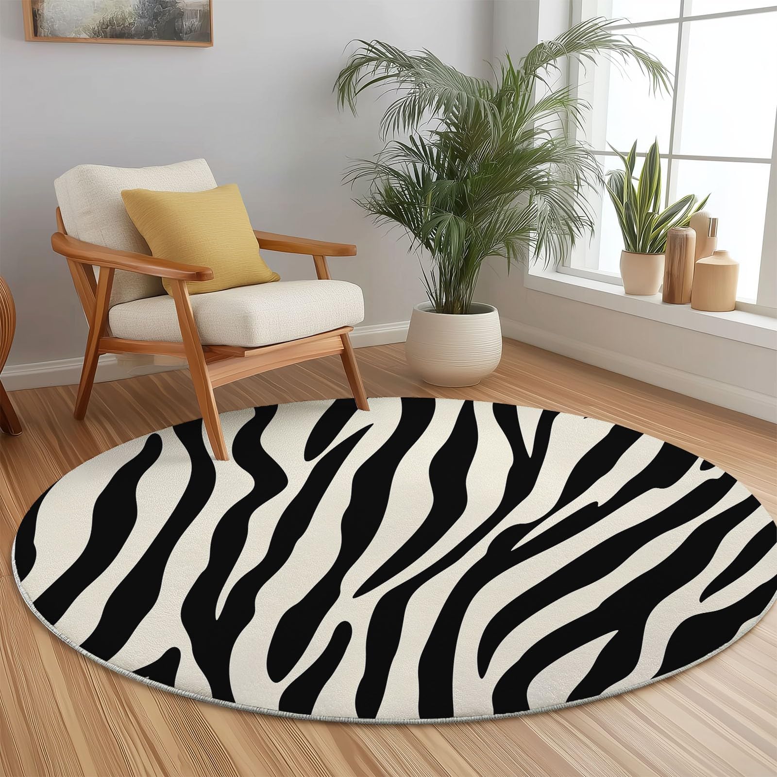 Generisch Schwarz Und Weiß Runder Teppich 160 cm Round Eingangsbereich Teppich Gestreiftes Schwarz-Weißes Zebrafell, Kleiner Kreis Bereich Küche Läufer rutschfest Waschbar Läufer