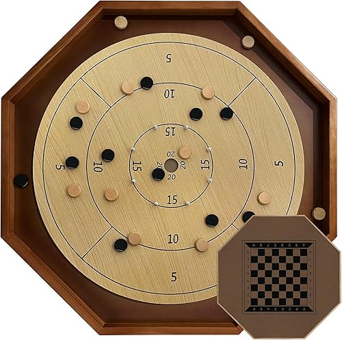 Juego de mesa de crokinole de torneo de 30 pulgadas, crokinole 2 en 1 y damas con superficie de juego de 26 pulgadas, clavijas de metal, octágono de