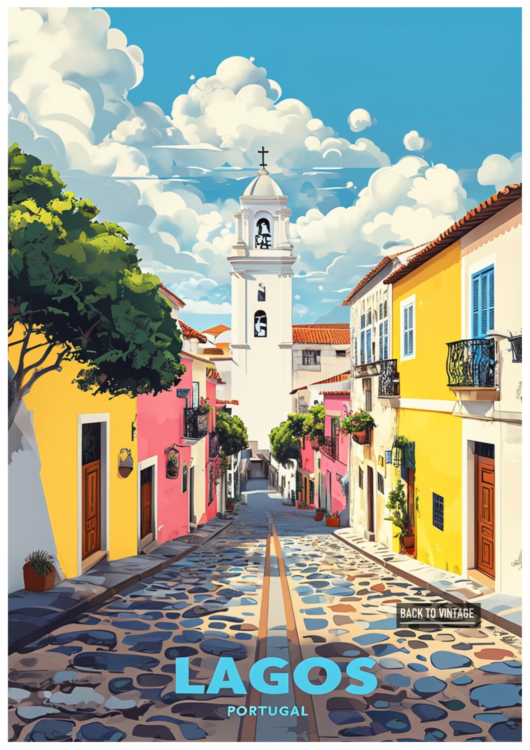 Back To Vintage Multicoloured Vibrant Travel Poster Illustration Of Lagos City Portugal Street - Retro Europe Travel Poster A4 Size Vintage Wall Art Print Of Famous European Destinations Ideal For Home Or Office Decor